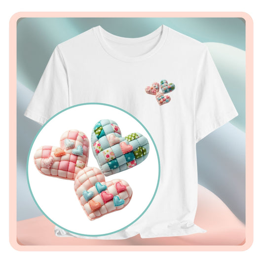 A Tshirt featuring Three heart-shaped quilted designs arranged together. Each heart features different quilting patterns and textures, including patchwork, floral prints, and tiny embroidered hearts. The hearts are in pastel shades of pink and blue, with white accents.