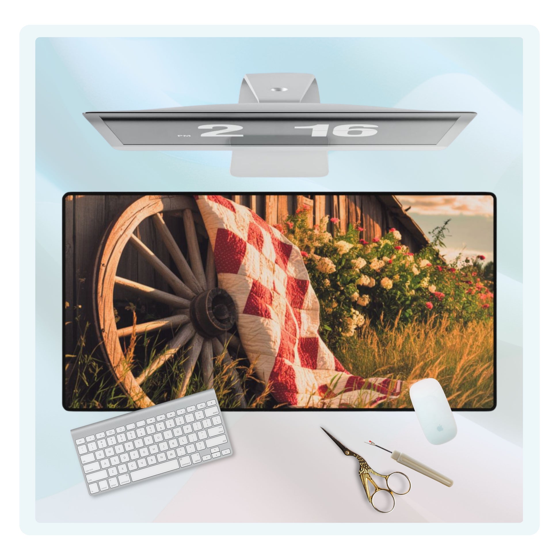 Red and white checkerboard quilt draped over an old wooden wagon wheel. Colorful flowers and golden grass surround the scene, with a rustic barn in the background. Perfect gift for quilters.
