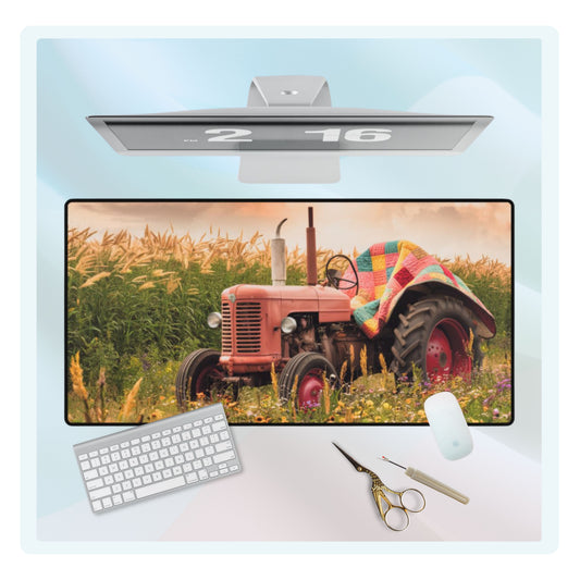A quilting inspired Desk pad featuring a Vintage  tractor in a wildflower field, partially covered by a colorful patchwork quilt. Golden wheat stalks and a sunset sky create a warm, countryside atmosphere. Perfect gift for quilters.