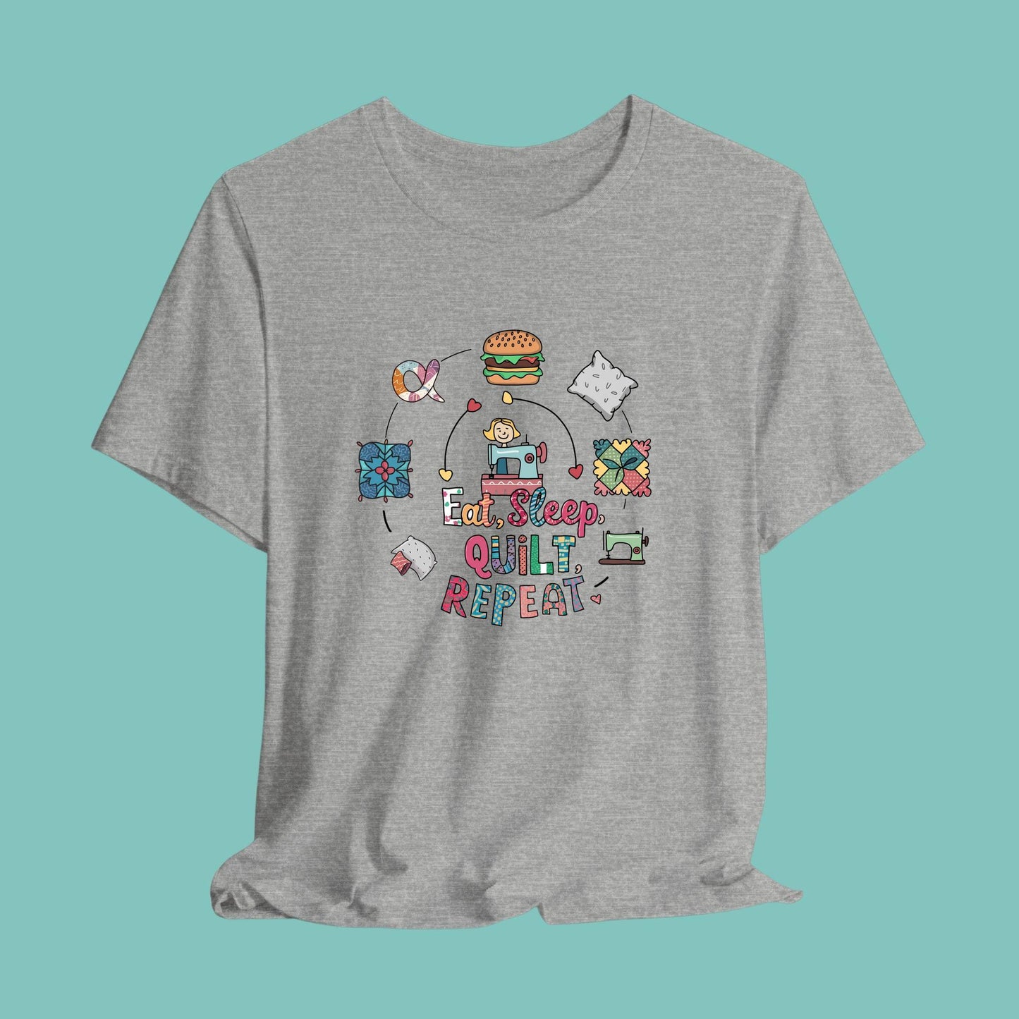 A funny quilting T-Shirt with the phrase Eat, Sleep, Quilt, Repeat  showing the cycle of a quilter's day with eating, sleeping, and quilting