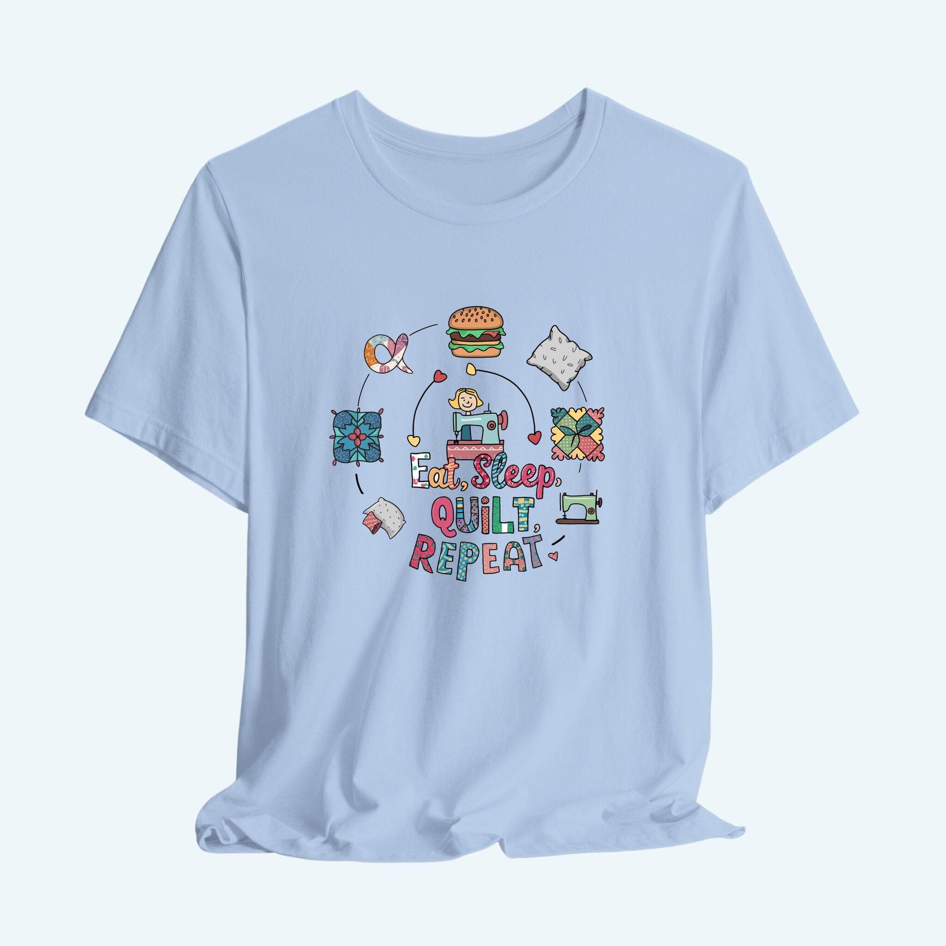A funny quilting T-Shirt with the phrase Eat, Sleep, Quilt, Repeat  showing the cycle of a quilter's day with eating, sleeping, and quilting