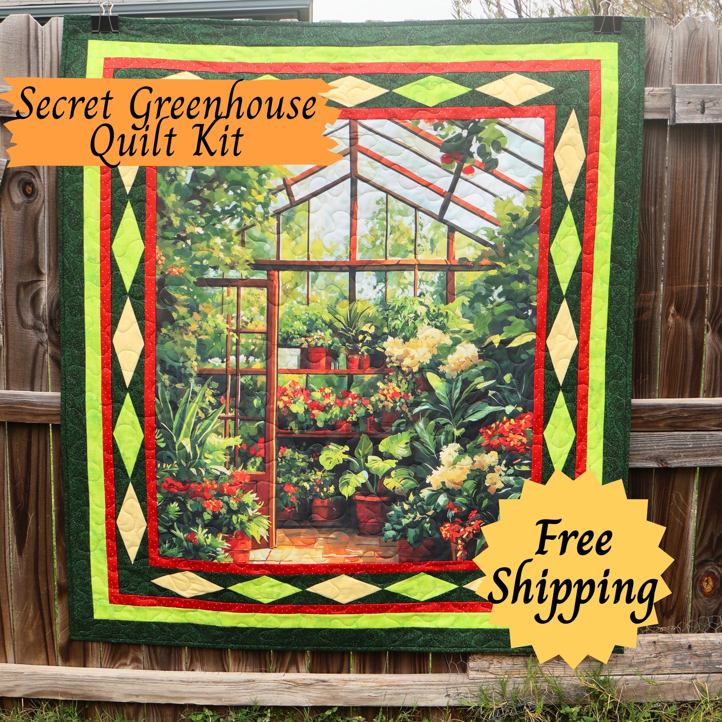 The Secret Greenhouse Quilt Kit – Includes Panel, Coordinated Fabric, Pattern & Foundation Paper Templates