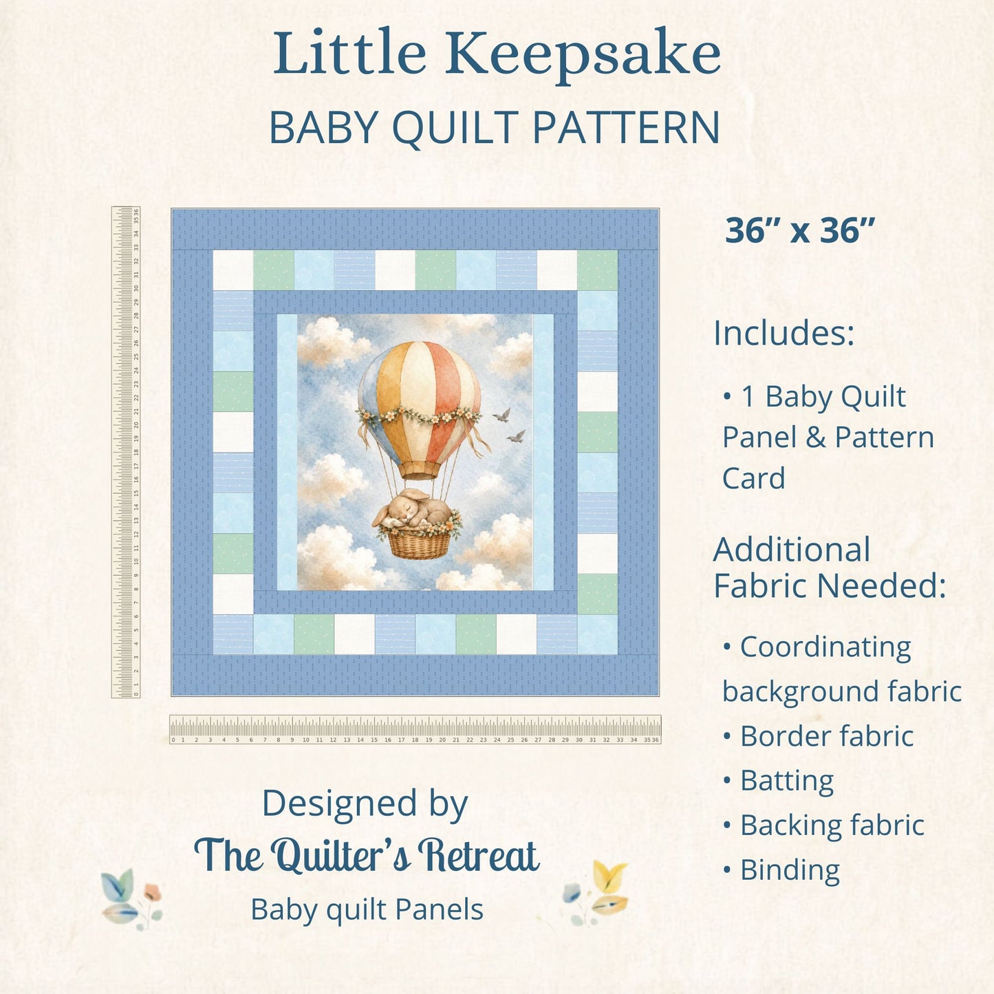 Little Keepsake pattern card for the sleepy bunny balloon baby quilt panel, 36×36 and beginner-friendly