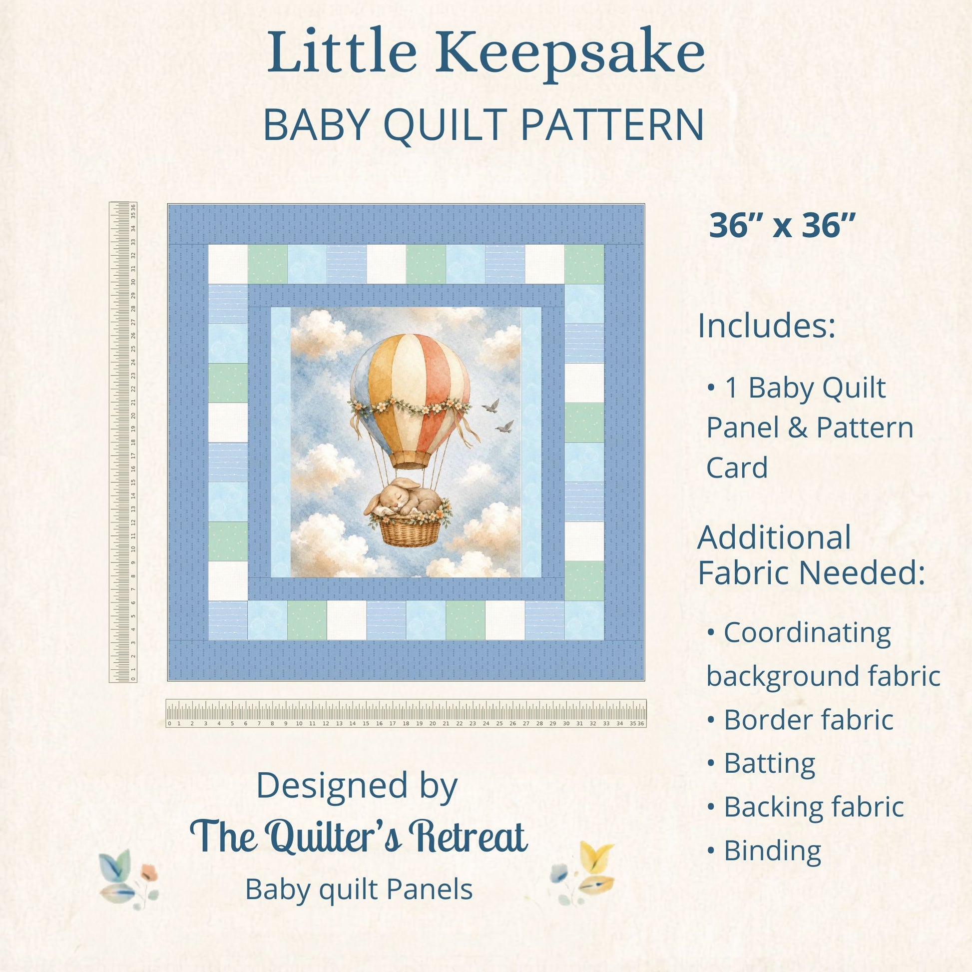 Little Keepsake pattern card for the sleepy bunny balloon baby quilt panel, 36×36 and beginner-friendly
