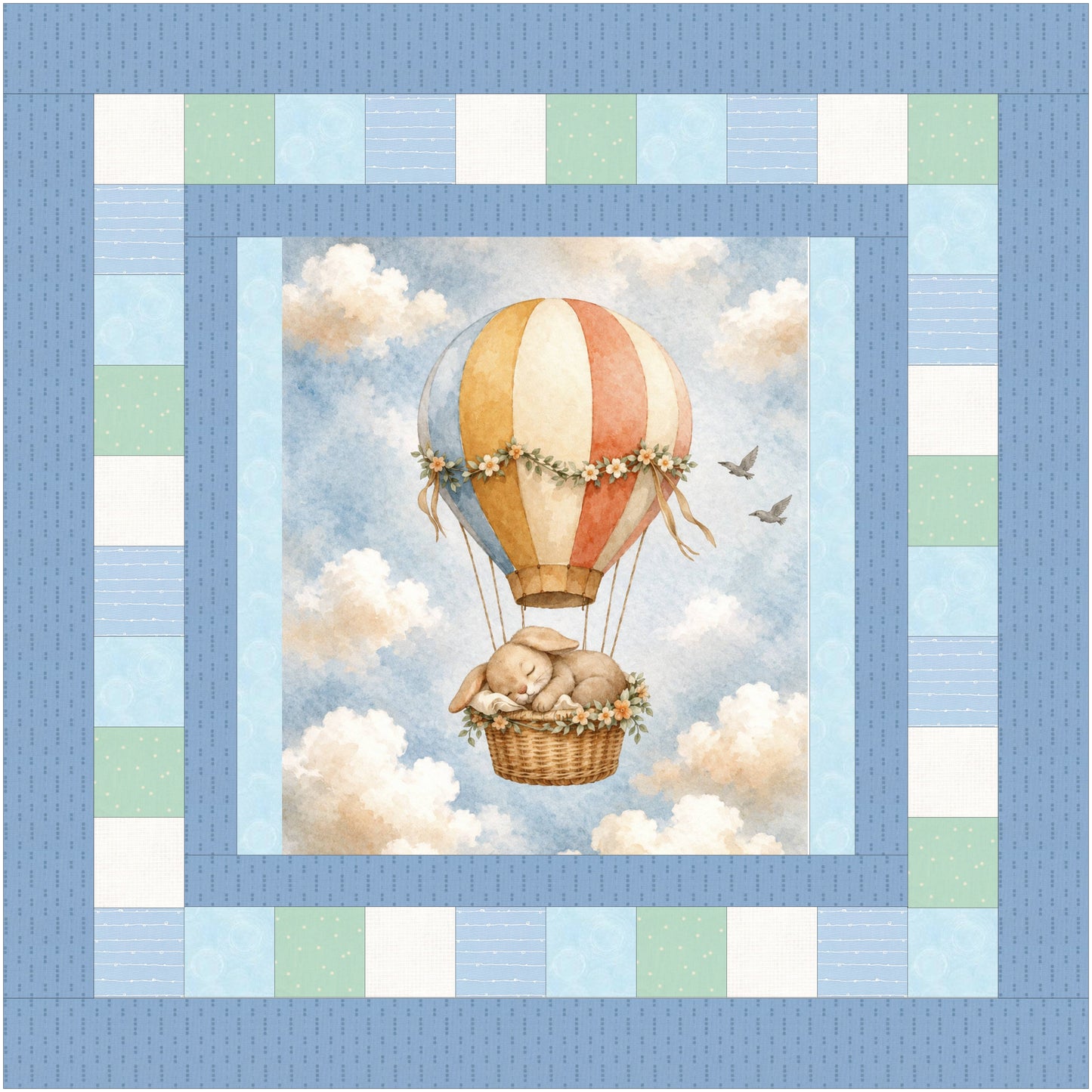 Sleepy bunny balloon baby quilt panel layout with pieced patchwork borders, 36-inch baby quilt