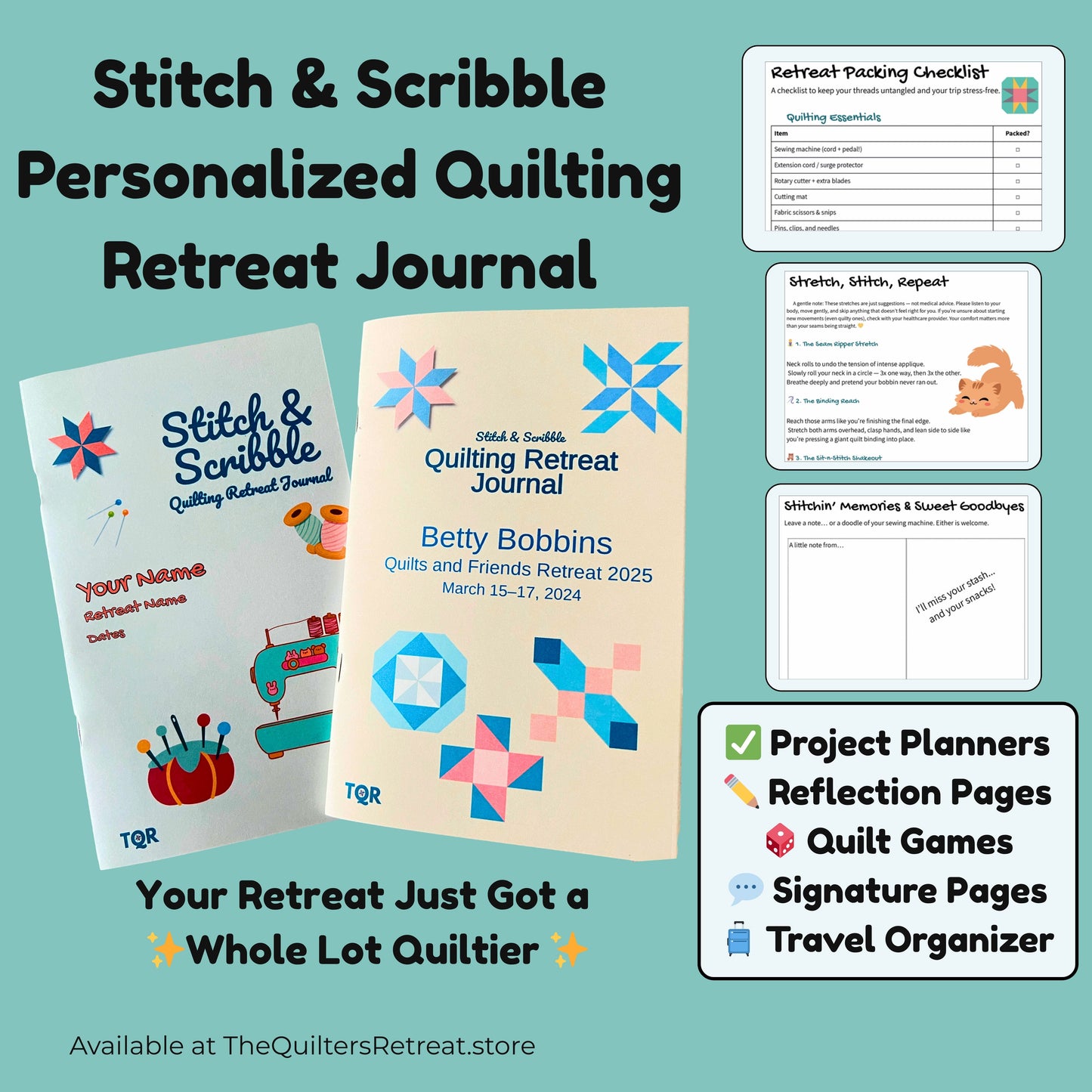 Stitch & Scribble Quilting Retreat Journal – Funny & Personalized Quilt Planner for Retreats – Travel Organizer for Quilters