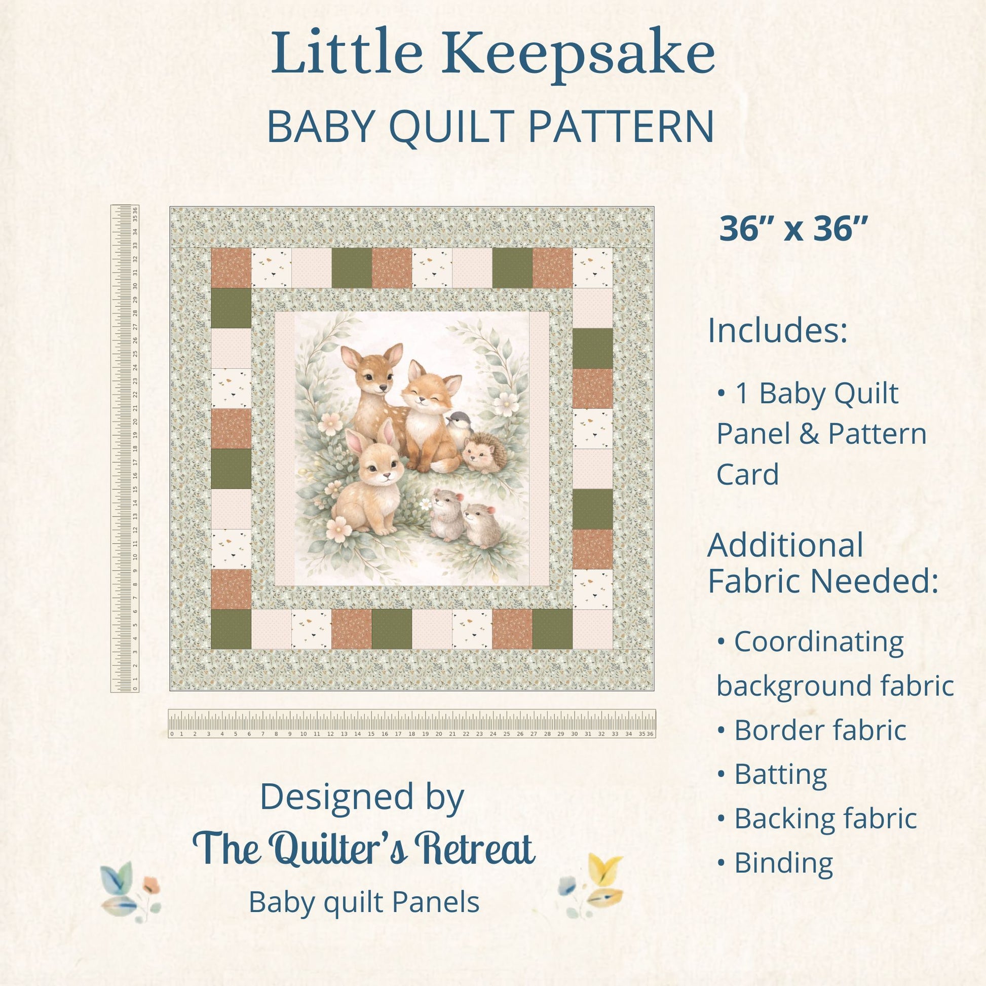 Little Keepsake pattern card for the woodland friends baby quilt panel, 36×36 and beginner-friendly