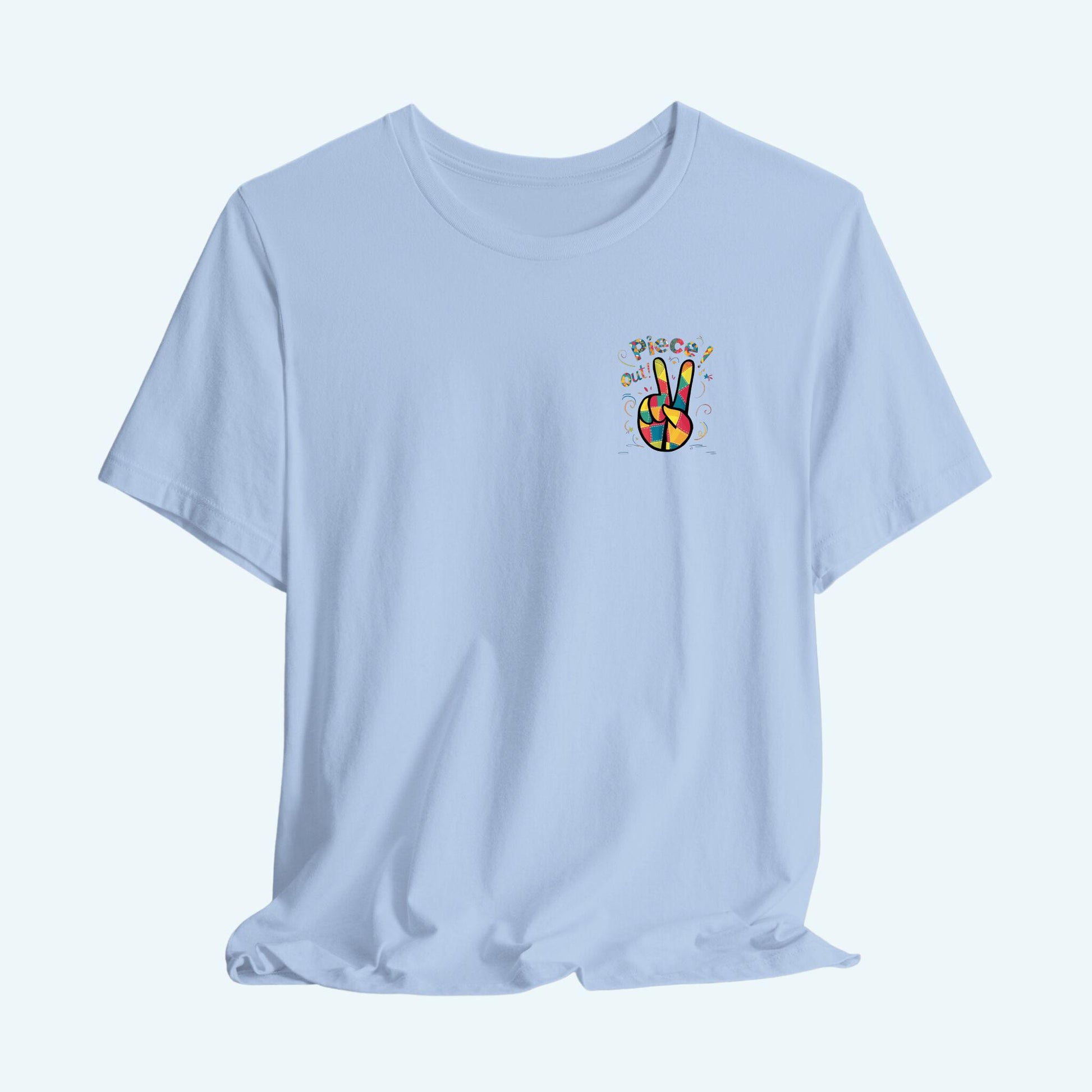 A funny quilting  t-shirt design featuring a patchwork peace sign hand gesture. The phrase "piece out!" is displayed in quilted-style lettering above the hand. Vibrant colors and quilt-like stitching patterns fill the peace sign, surrounded by playful swirls and star shapes, embodying the joyful spirit of quilting.