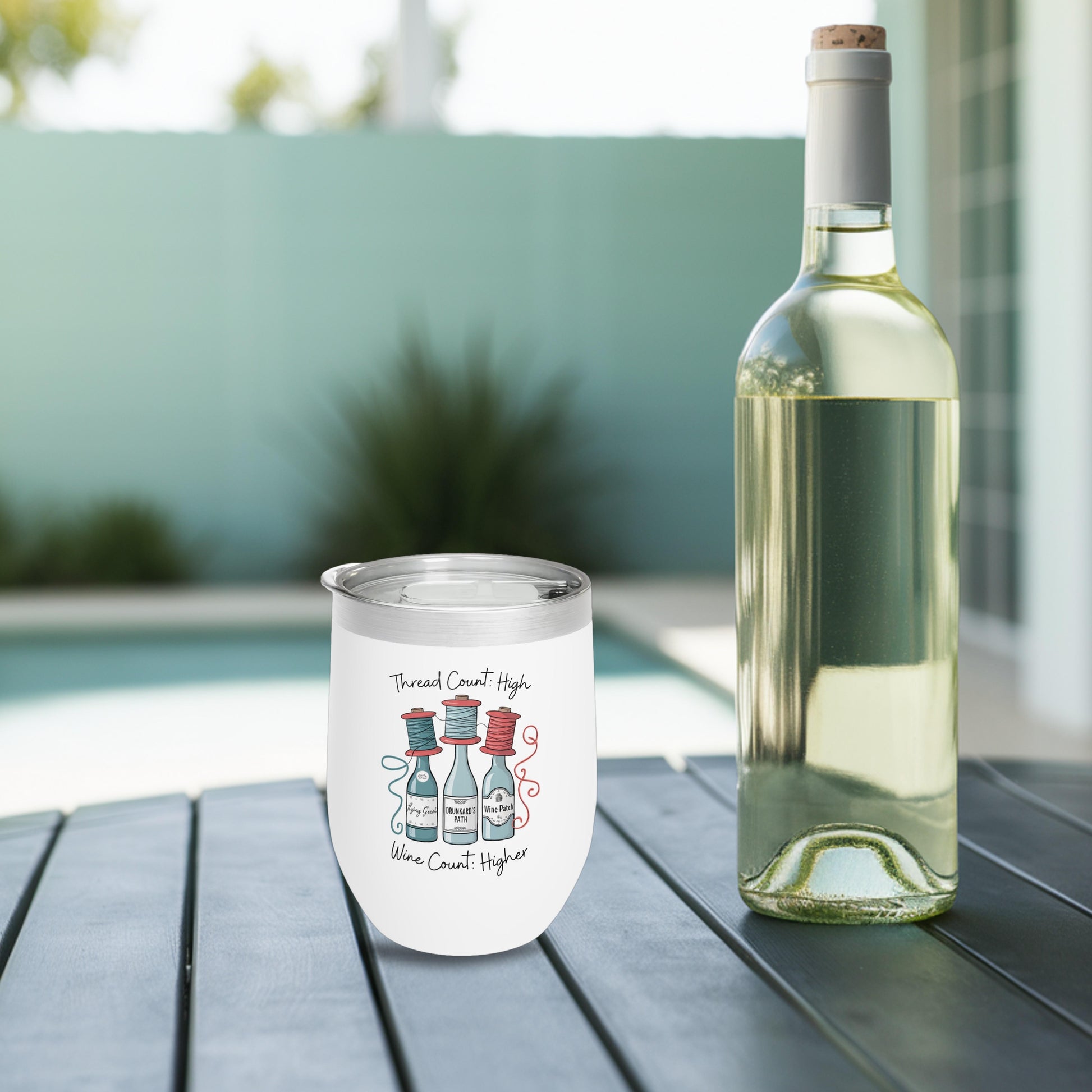 A fun quilting-inspired wine Tumbler with the phrase Thread Count High, Wine Count Higher.  The perfect gift for quilters. 