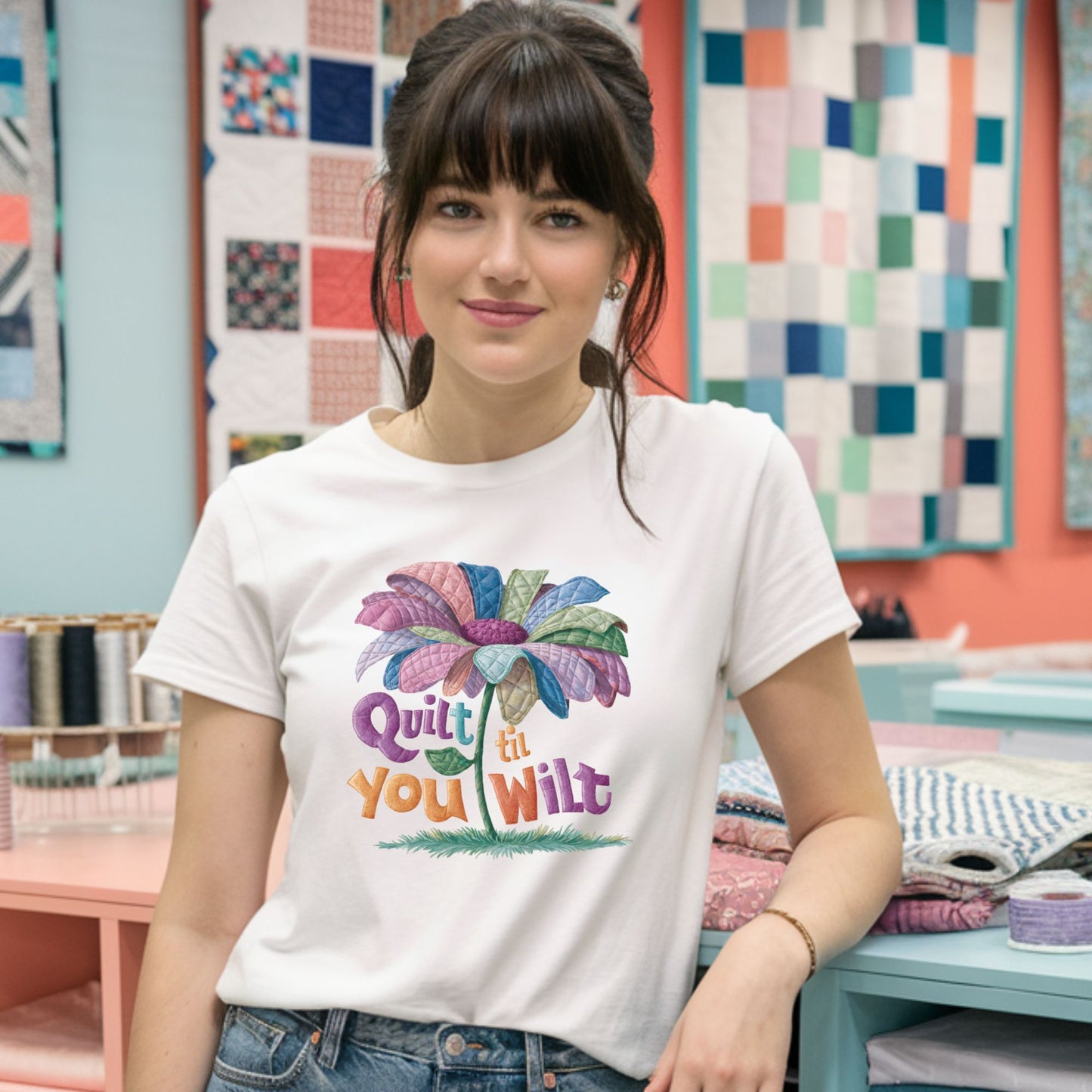 A funny quilting T-Shirt with the phrase Quilt 'Till You Wilt showing a cheerful, but slightly wilted quilted flower design