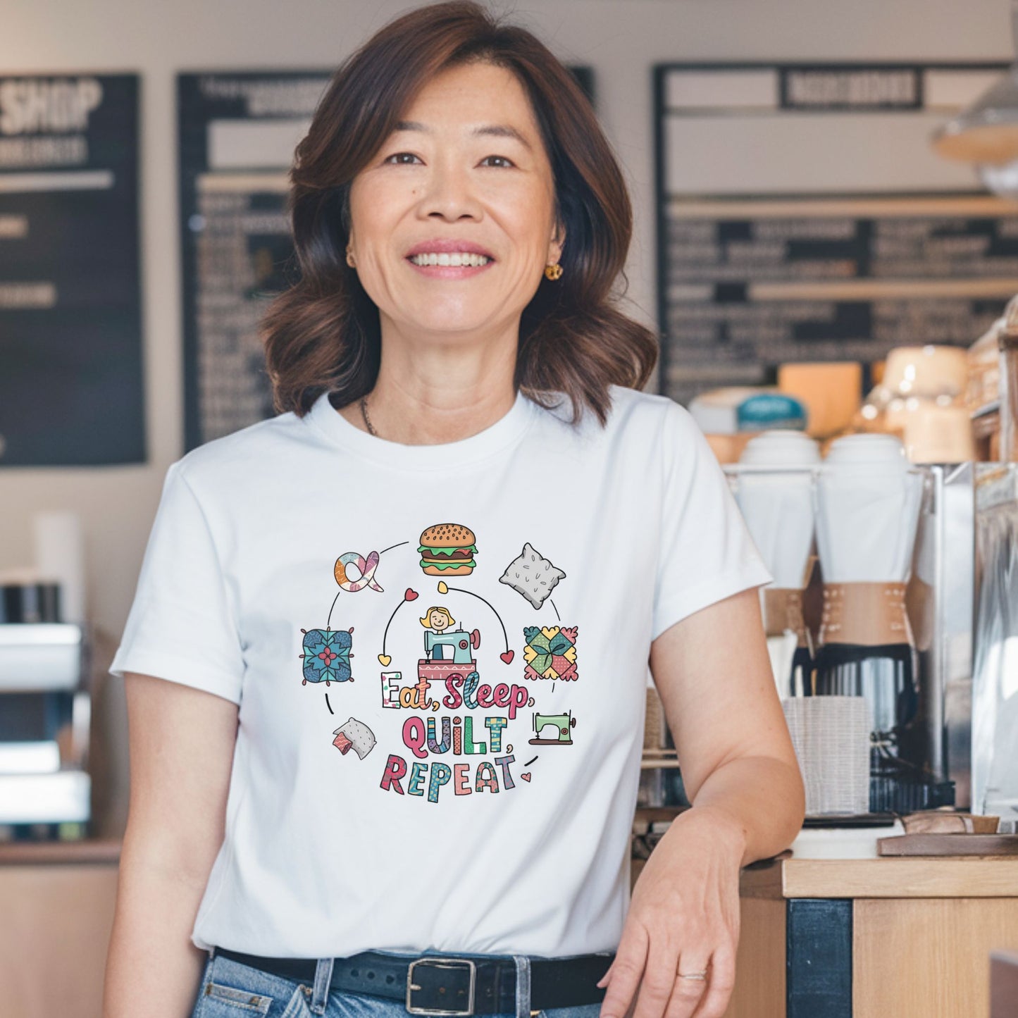 A funny quilting T-Shirt with the phrase Eat, Sleep, Quilt, Repeat  showing the cycle of a quilter's day with eating, sleeping, and quilting