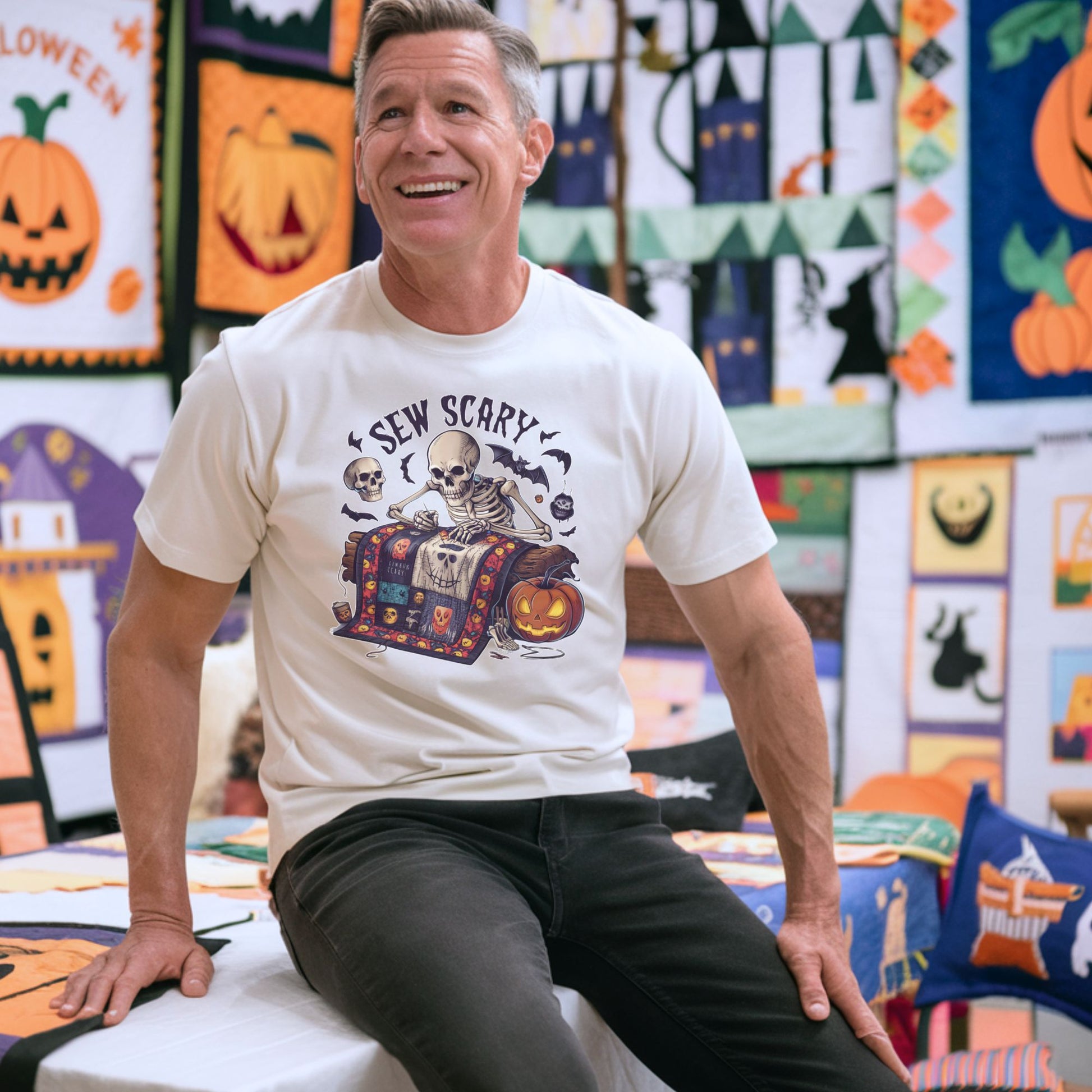 A Halloween Quilting T-Shirt featuring a skeleton sewing Halloween quilt. Colorful patchwork with spooky motifs. Bats and pumpkins surround skeleton. Text reads "Sew Scary". Ideal for quilters who love Halloween.
