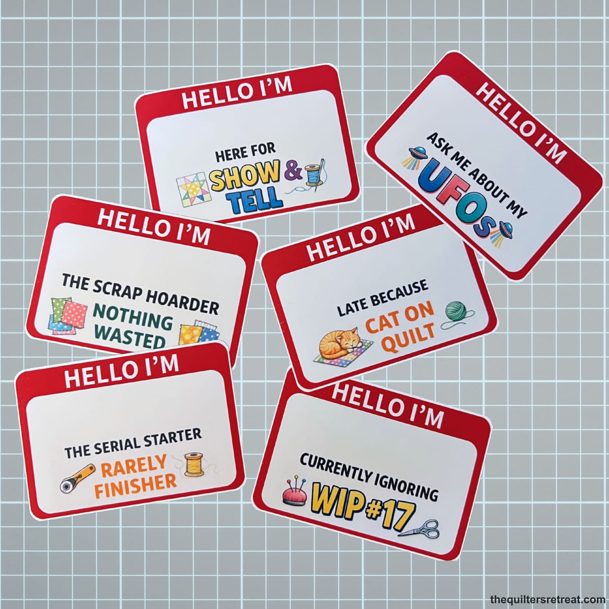 Sticker Set - Set of 6 Quilter Hello Badges - Perfect Quilting Guild Hello!