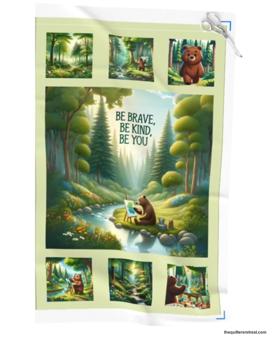 Be Kind Bear quilt panel with pattern — a bear painting by a forest stream, 'Be Brave, Be Kind, Be You'
