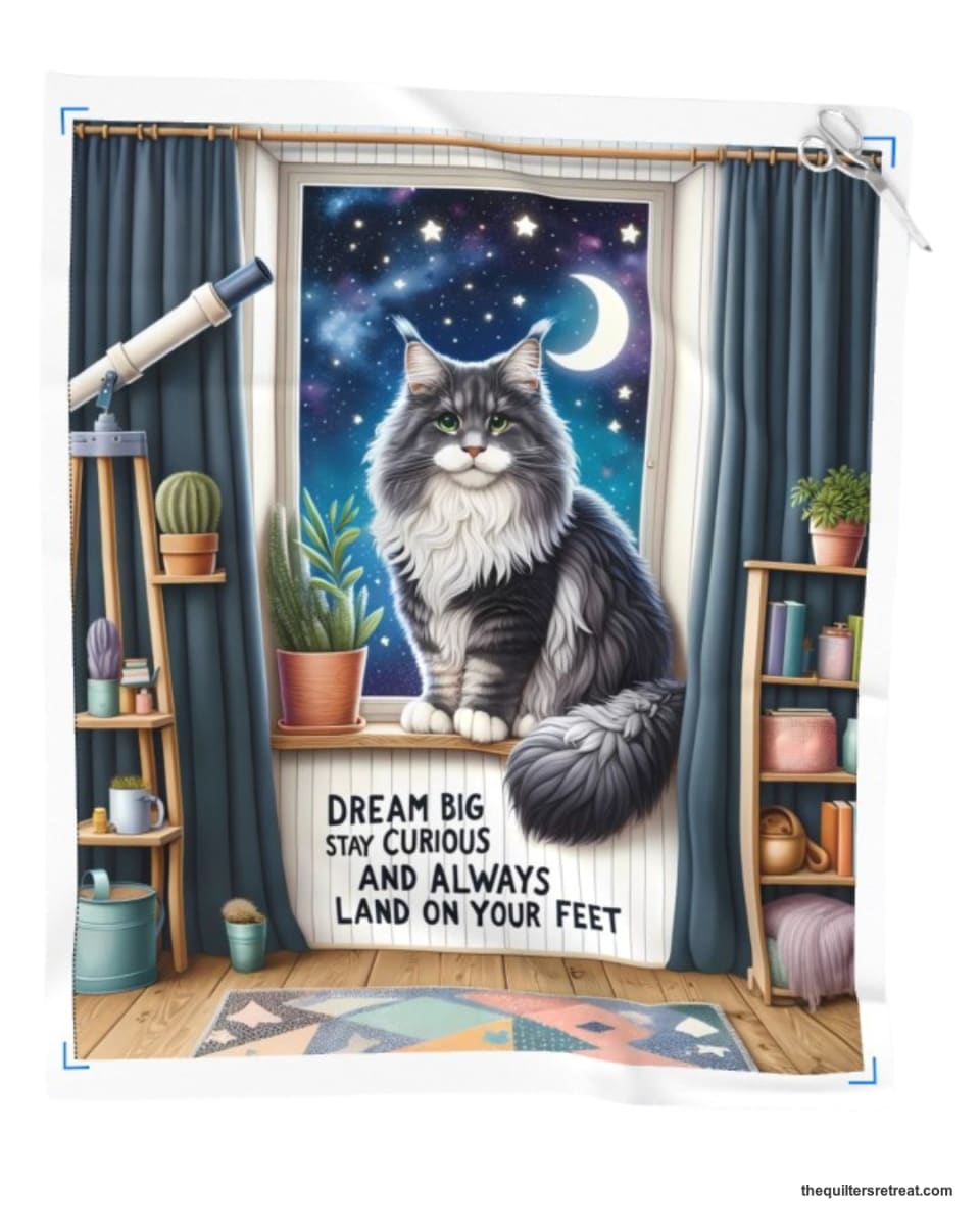 Dream Big Cat quilt panel with pattern — a Maine Coon at a starry window, 'Dream Big, Stay Curious'