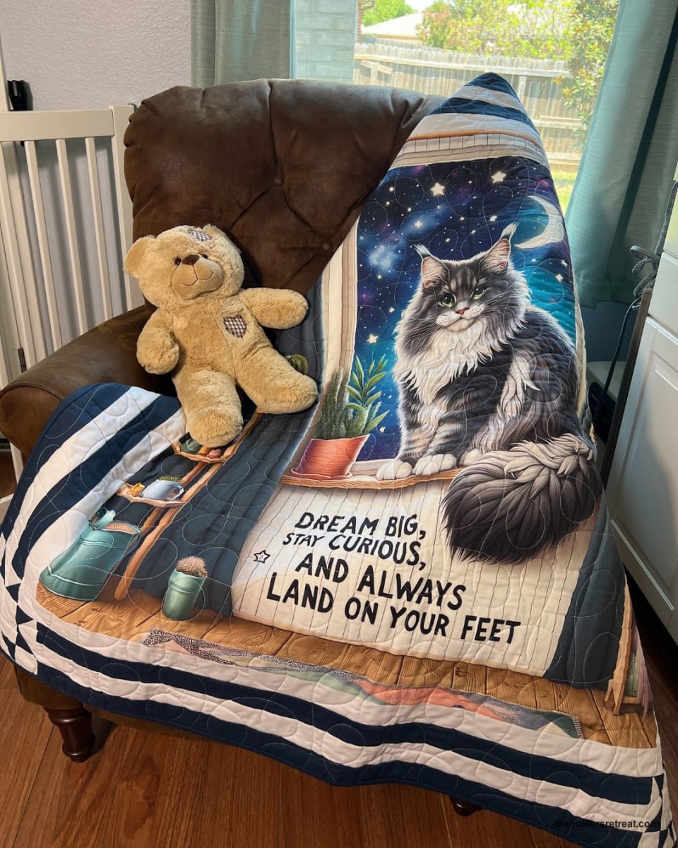 Dream Big Cat quilt sewn from the panel, draped on a chair with a teddy bear