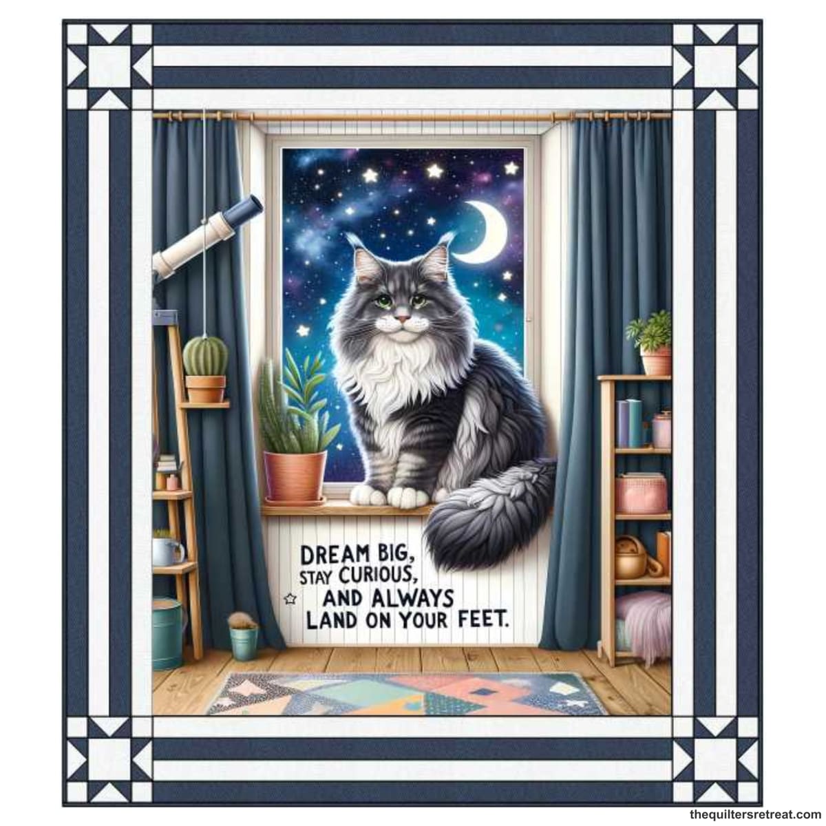 Dream Big Cat quilt panel shown with a navy patchwork border layout