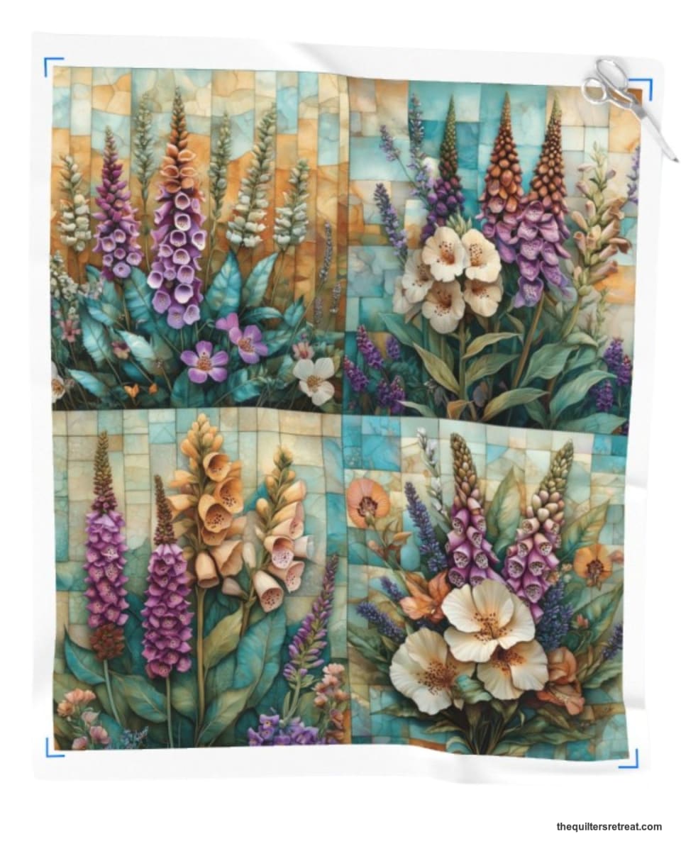 Foxglove and lavender botanical quilt panel — set of four floral blocks
