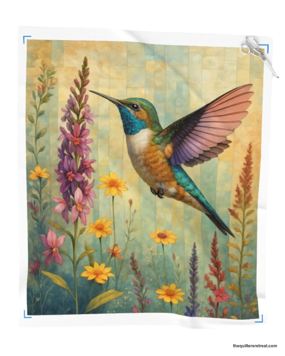 Hummingbird Garden quilt panel — a hummingbird at purple foxgloves and wildflowers