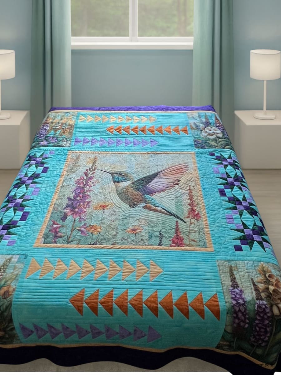 Hummingbird Garden quilt with turquoise flying-geese border on a bed