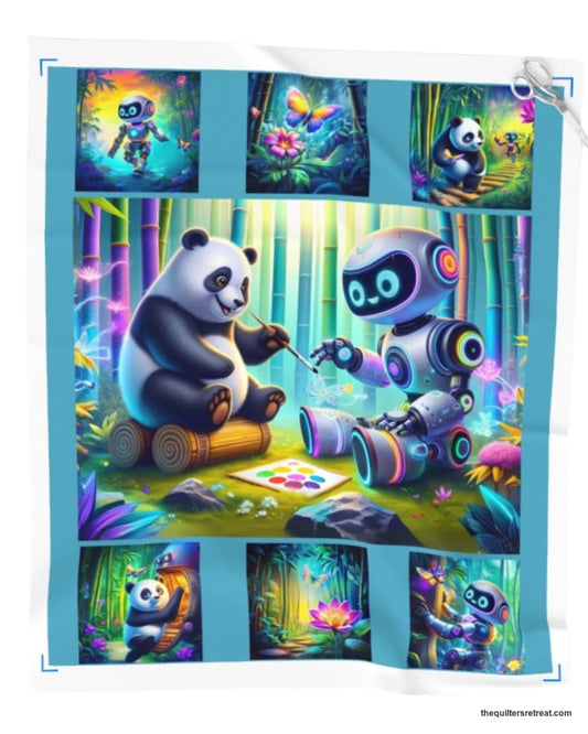 Panda & Robot Quilt Panel – Stitched Together Friendship Story Panel for Quilters