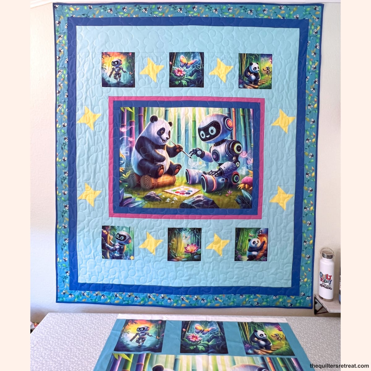Panda & Robot Quilt Panel – Stitched Together Friendship Story Panel for Quilters