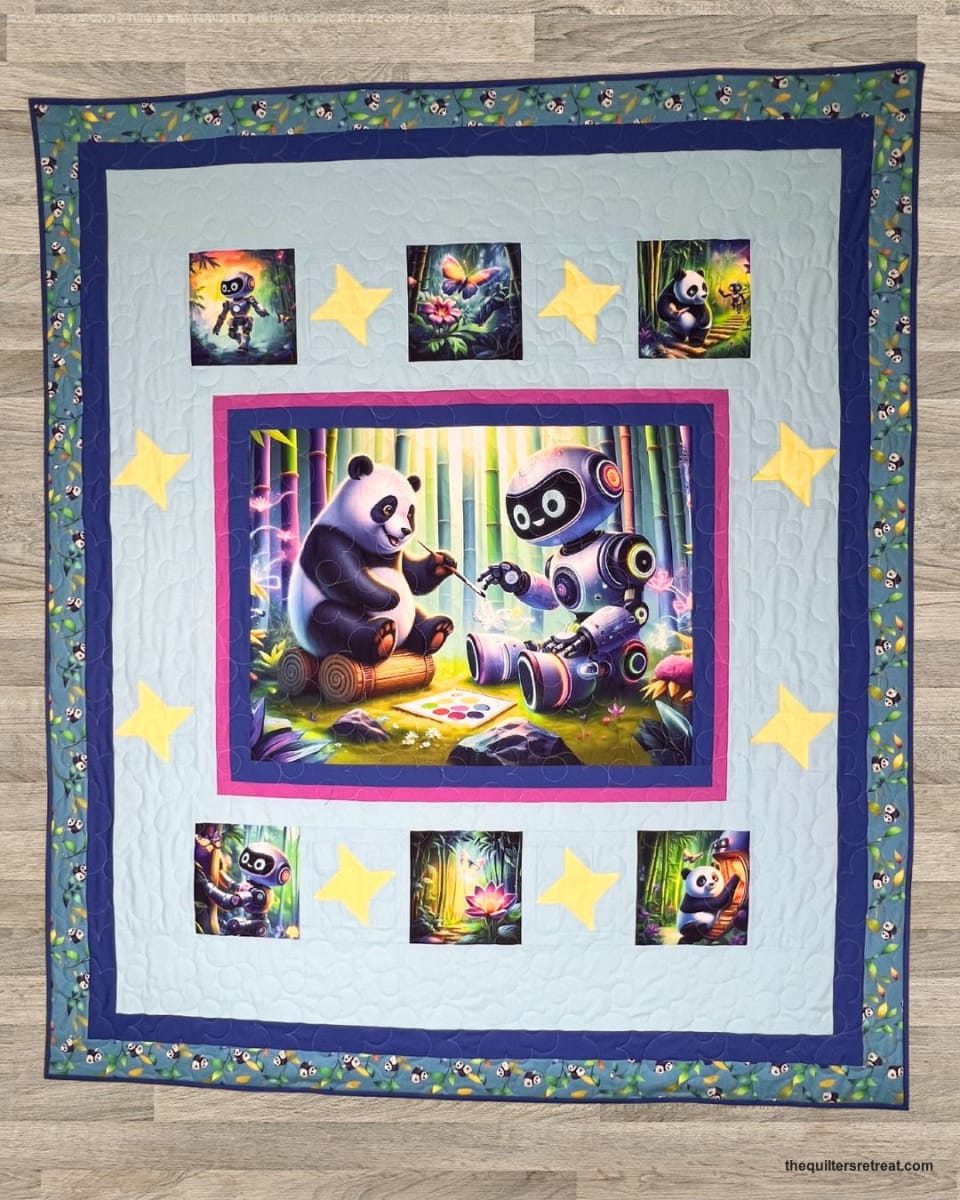 Panda & Robot Quilt Panel – Stitched Together Friendship Story Panel for Quilters
