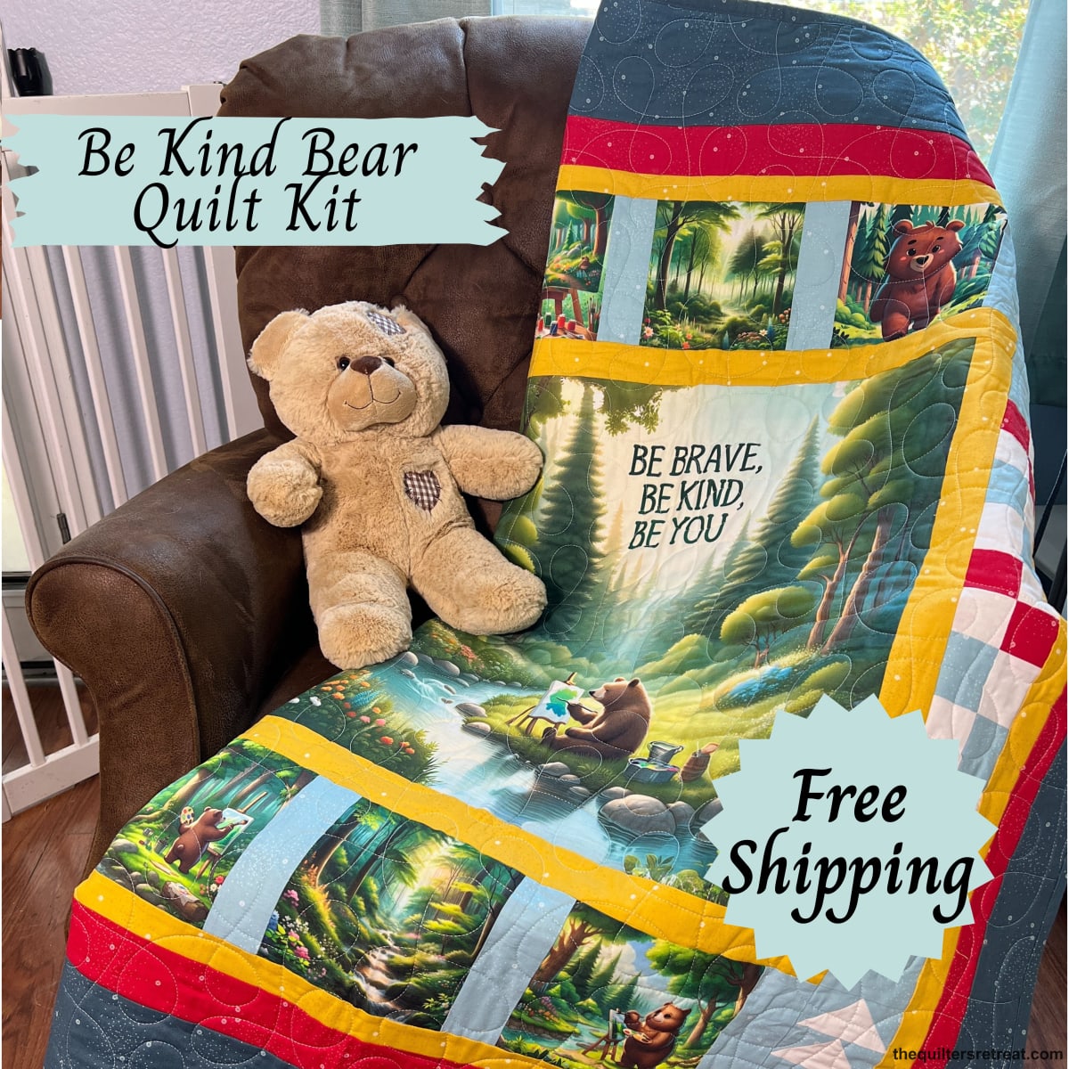 Be Kind Bear quilt kit made up — a bear painting by a forest stream, a 'Be Brave, Be Kind, Be You' kids' quilt
