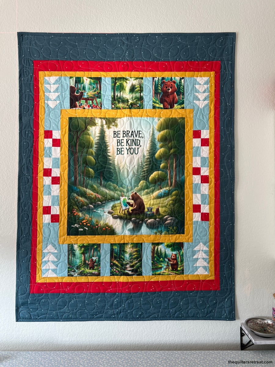 Be Kind Bear quilt kit sewn in teal, red and gold — 'Be Brave, Be Kind, Be You' bear panel for a nursery