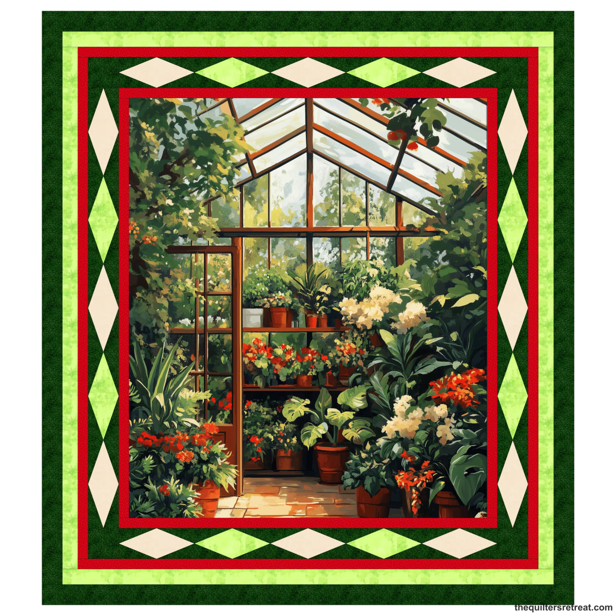 The Secret Greenhouse quilt panel — a sunlit greenhouse of geraniums and hydrangeas with a diamond border