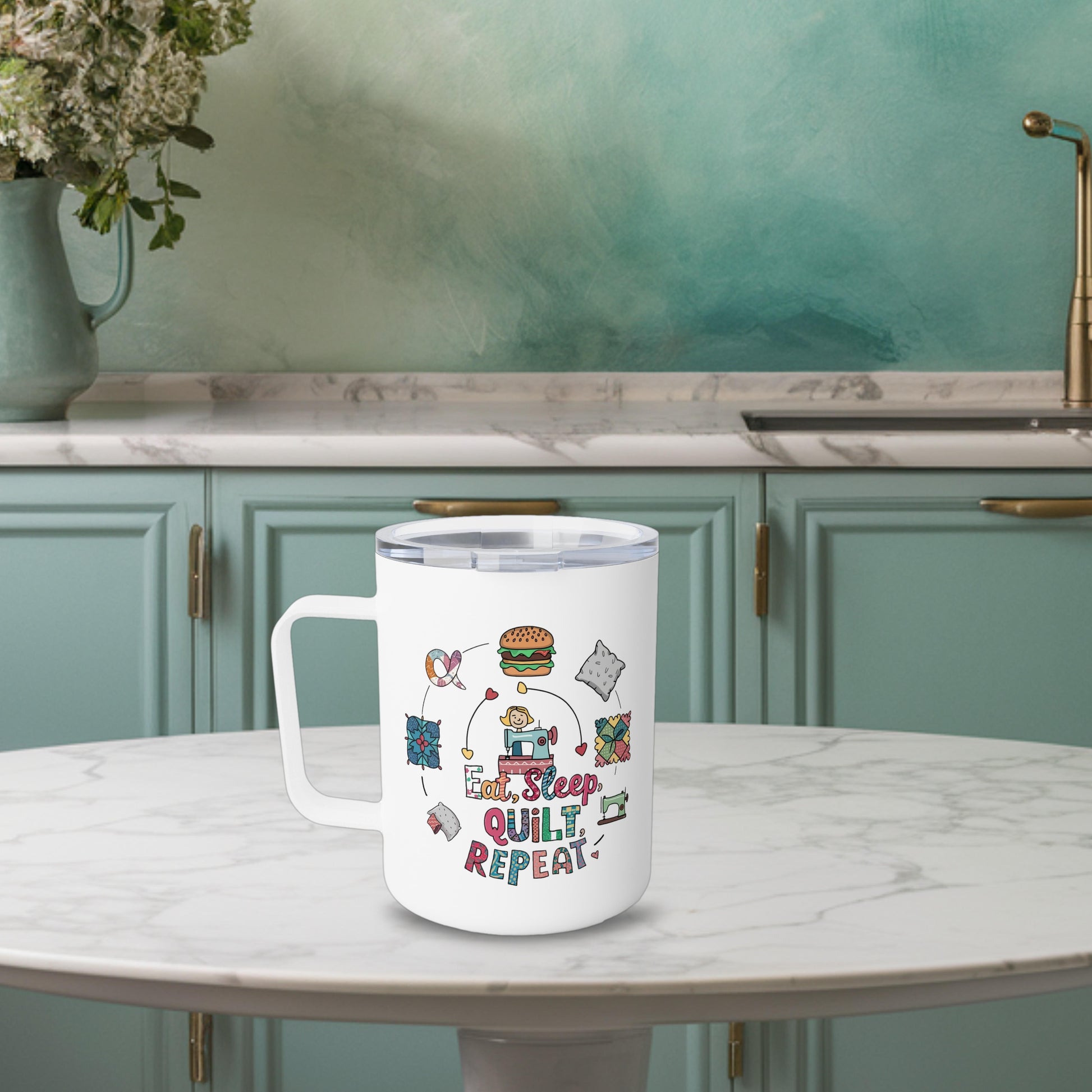 A funny quilting-inspired Insulated Mug with the phrase Eat, Sleep, Quilt, Repeat  showing the cycle of a quilter's day with eating, sleeping, and quilting