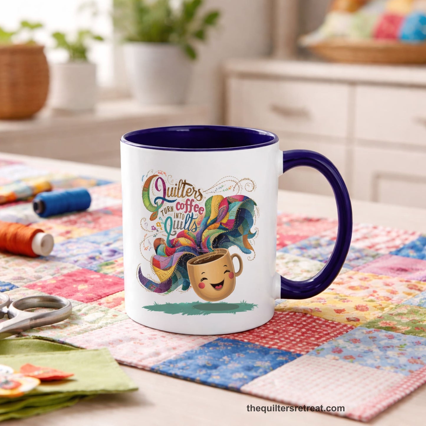 A Self-Fulfilled Accent Mug with a quirky "Quilters Turn Coffee into Quilts" text with vibrant swirling patterns