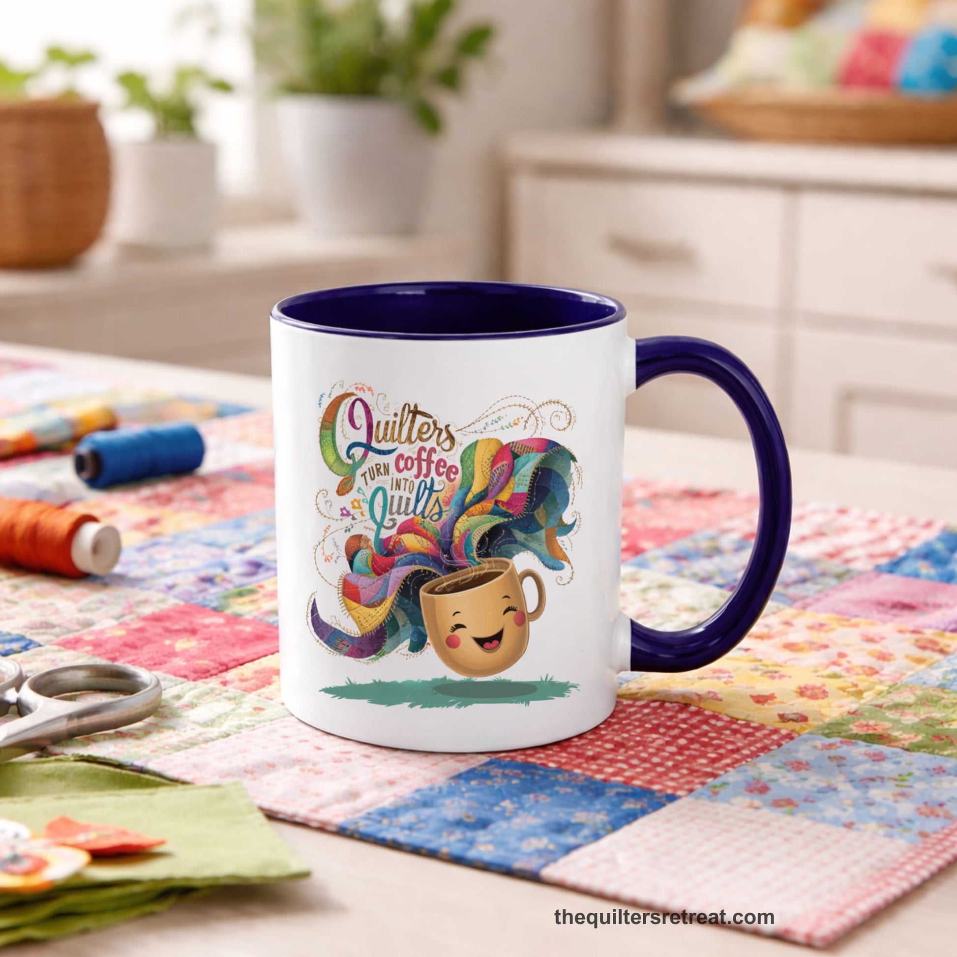 A Self-Fulfilled Accent Mug with a quirky "Quilters Turn Coffee into Quilts" text with vibrant swirling patterns