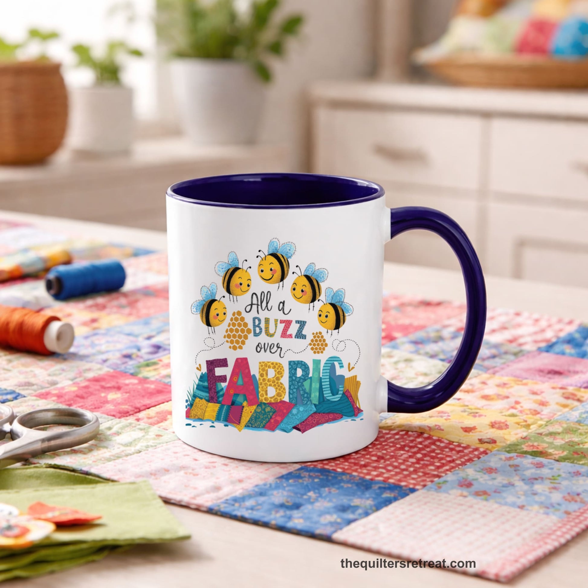 A Self-Fulfilled Accent Mug with a playful bees with "All a Buzz over Fabric" text and colorful fabric stacks