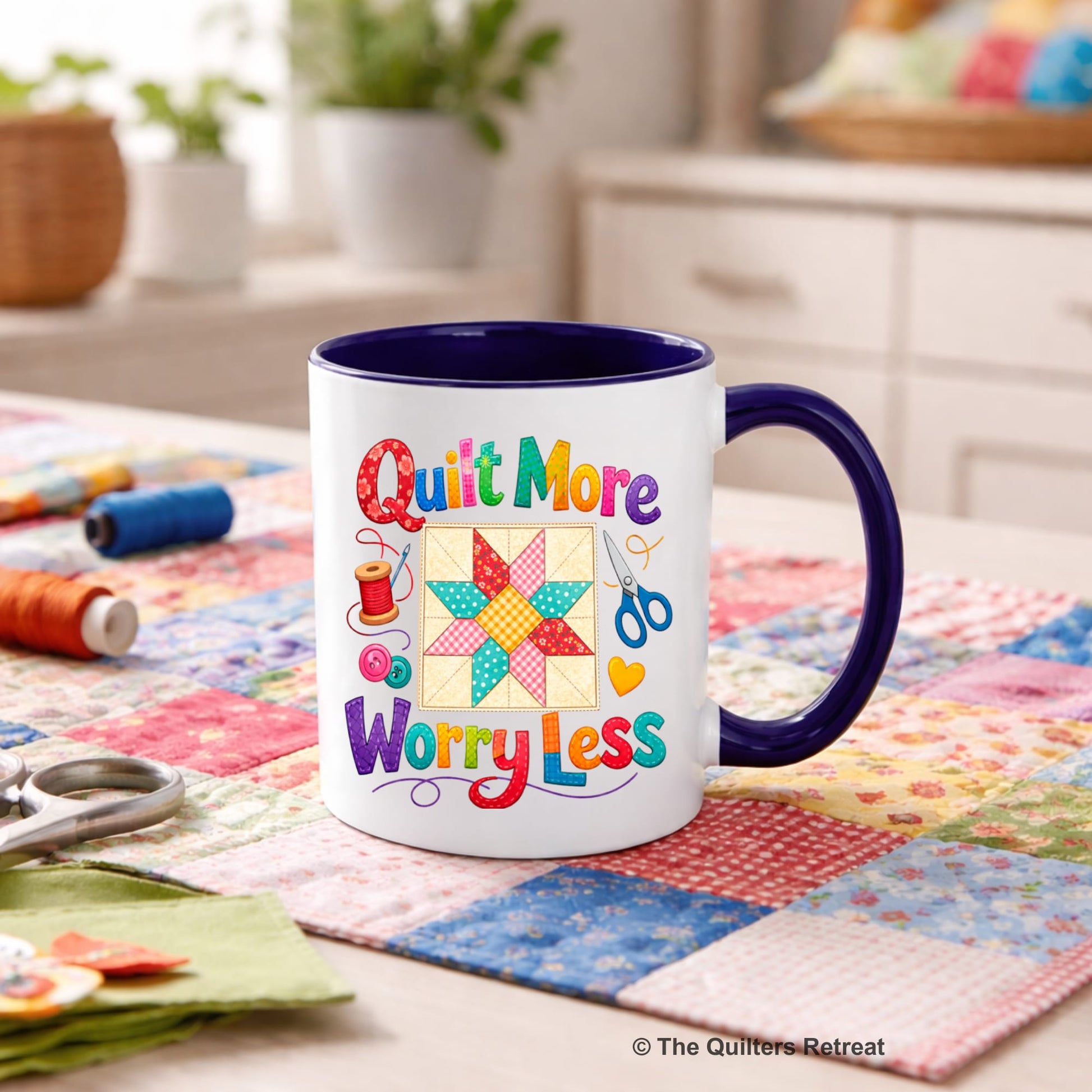 A Self-Fulfilled Ceramic Accent Mug with a Colorful patchwork star and sewing tools, cheerful "Quilt More Worry Less" text.