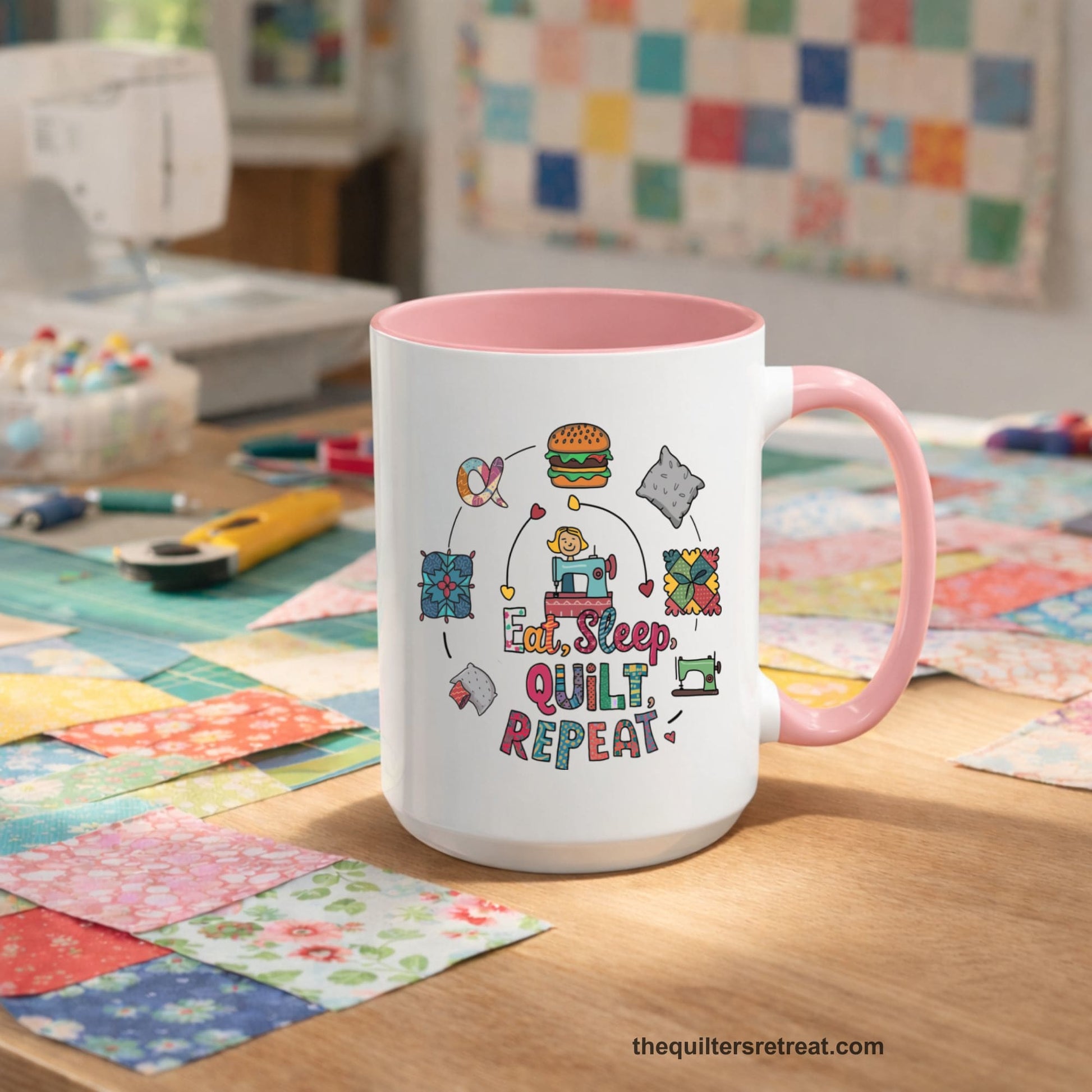 A Self-Fulfilled Accent Mug with a cute quilting elements with "Eat, Sleep, Quilt, Repeat" text in playful style
