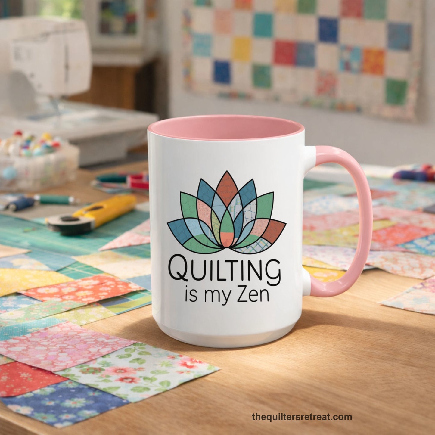 A  Accent Ceramic Mug featuring Quilting is my Zen design with a lotus flower made of quilt patterns and textures