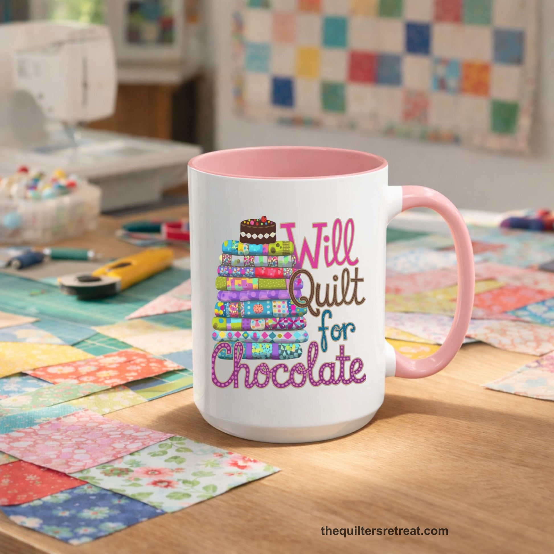 A  Accent Ceramic Mug featuring Will Quilt for Chocolate design with colorful folded quilts and chocolate cake