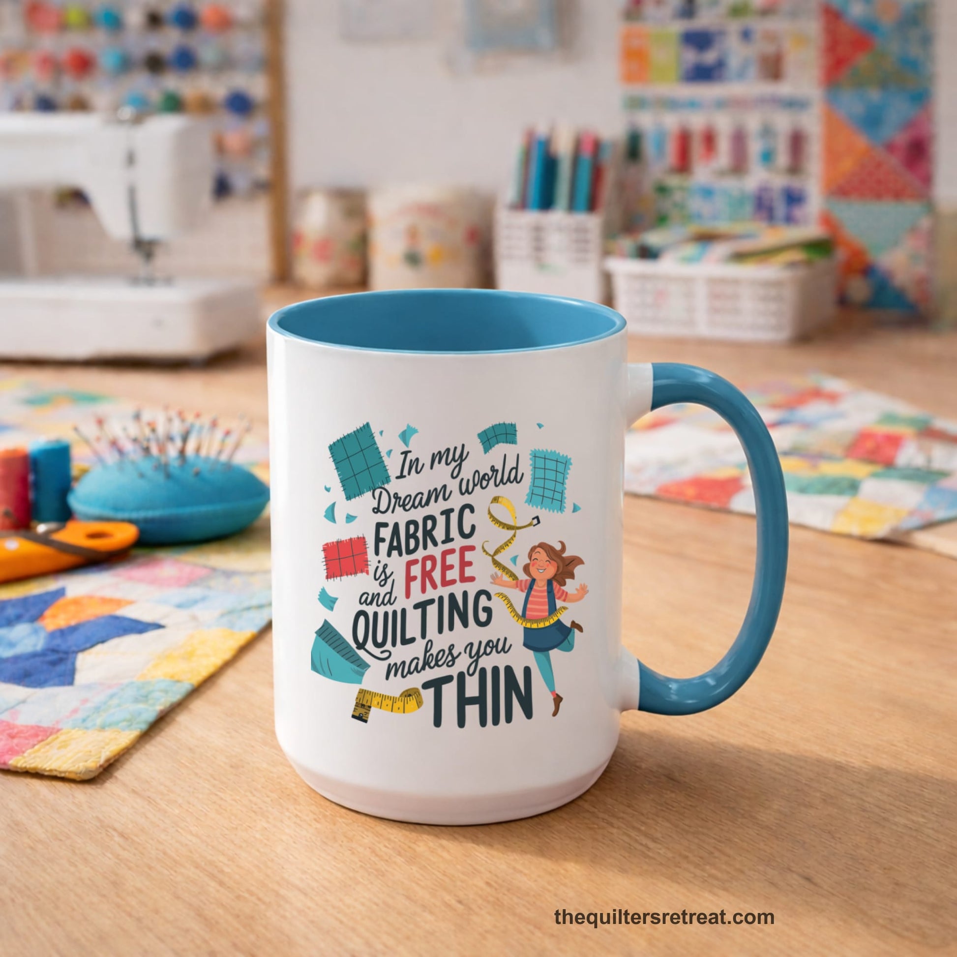 A Light Blue Accent Ceramic Mug featuring Fabric is Free and Quilting Makes You Thin design with a cheerful quilter jumping for joy