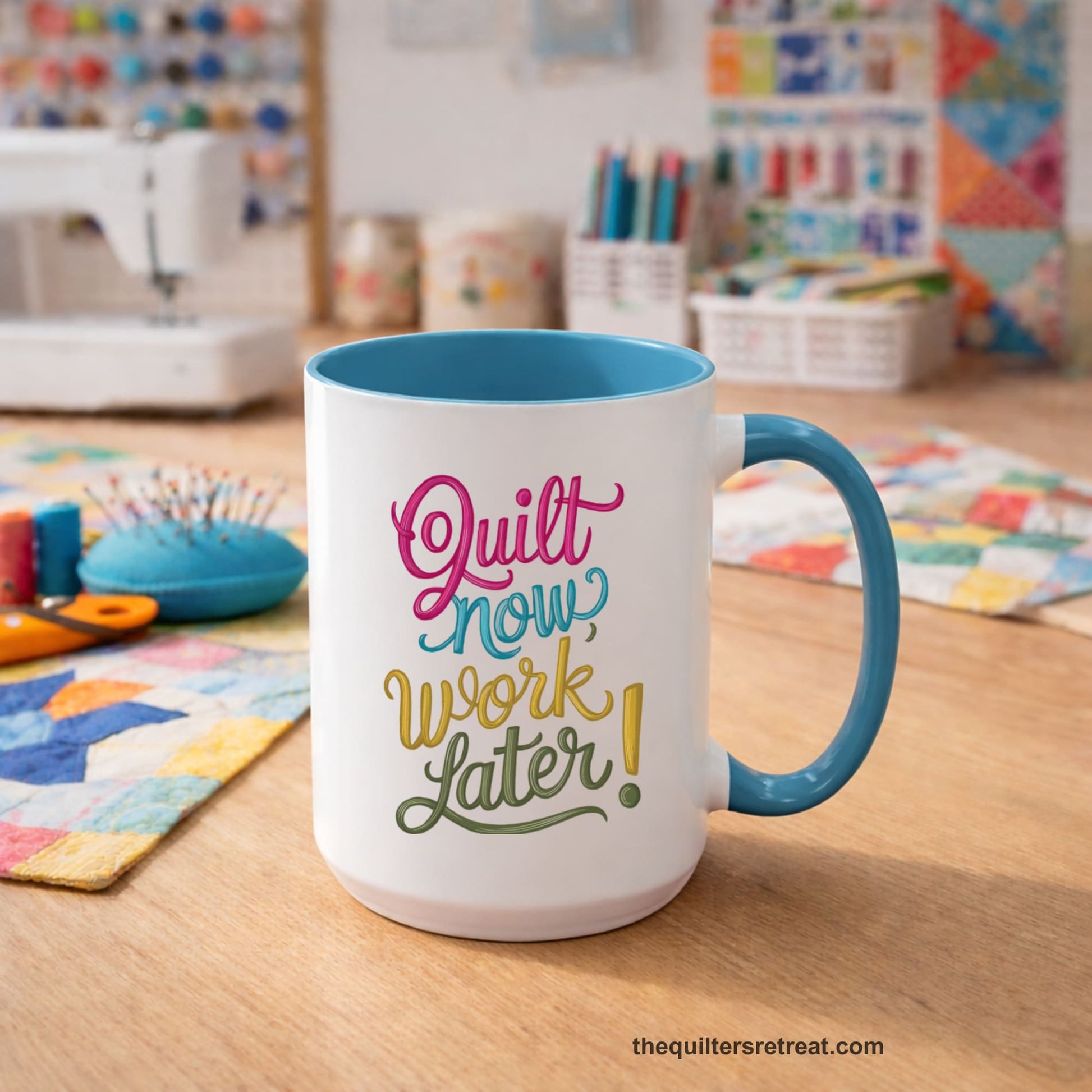 A Coffee Mug with a vibrant "Quilt Now, Work Later" text in playful, cursive lettering