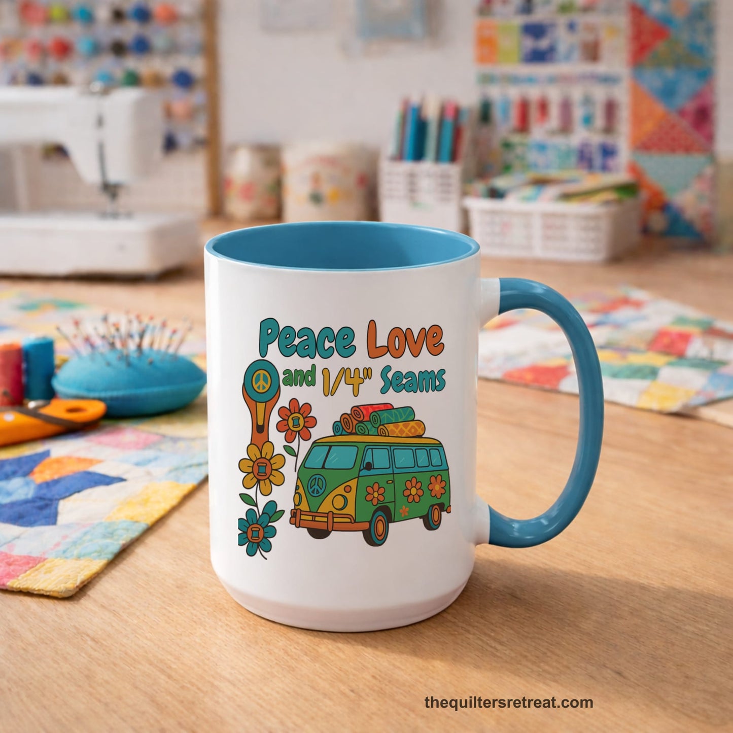 A Light Blue Accent Ceramic Mug featuring Peace Love and 1/4 Seams design with a retro van and colorful quilts