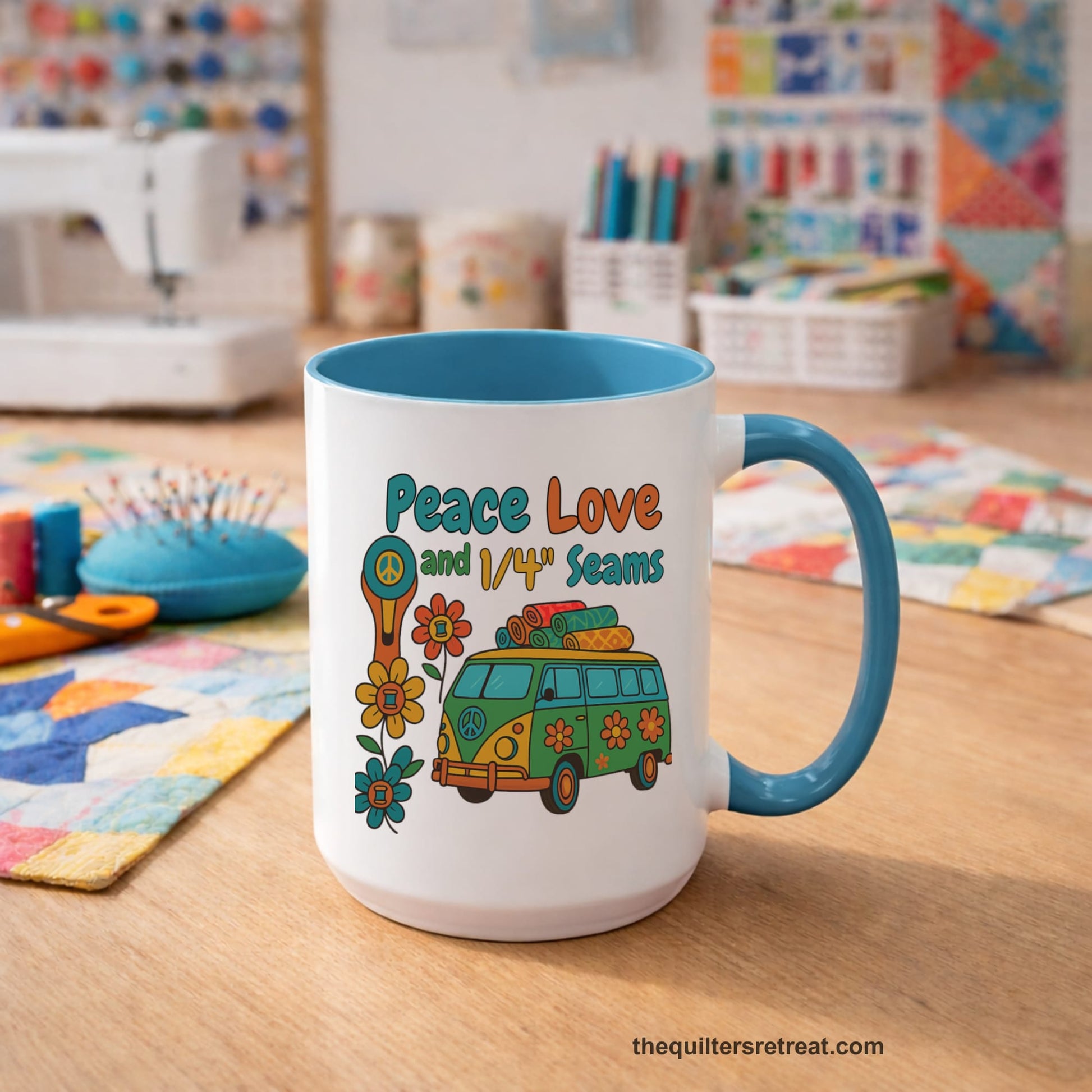 A Light Blue Accent Ceramic Mug featuring Peace Love and 1/4 Seams design with a retro van and colorful quilts