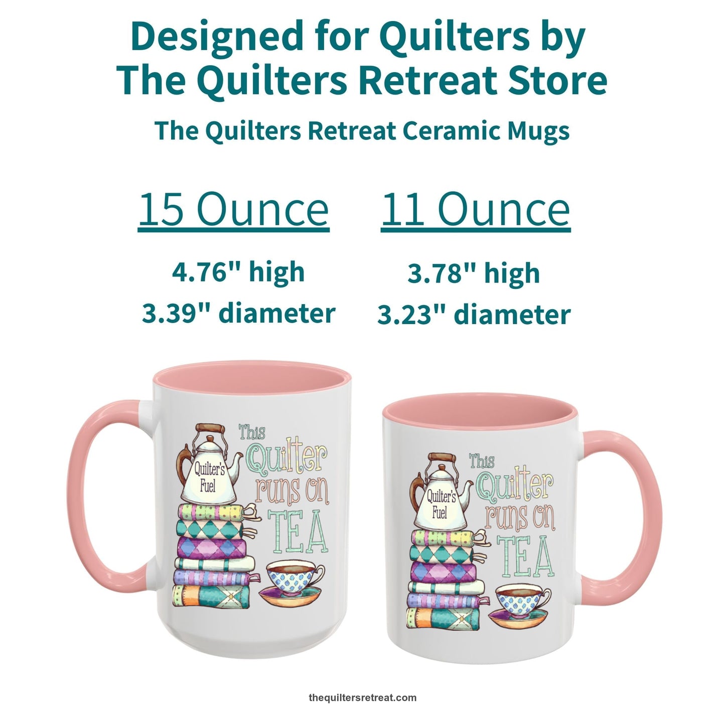 A Self-Fulfilled Ceramic Accent Mug with a stack of colorful quilts with teapot and cup, whimsical "This Quilter Runs on Tea" text