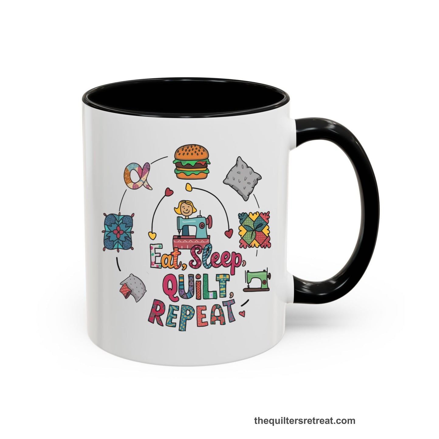 A Black Self-Fulfilled Accent Mug with a cute quilting elements with "Eat, Sleep, Quilt, Repeat" text in playful style