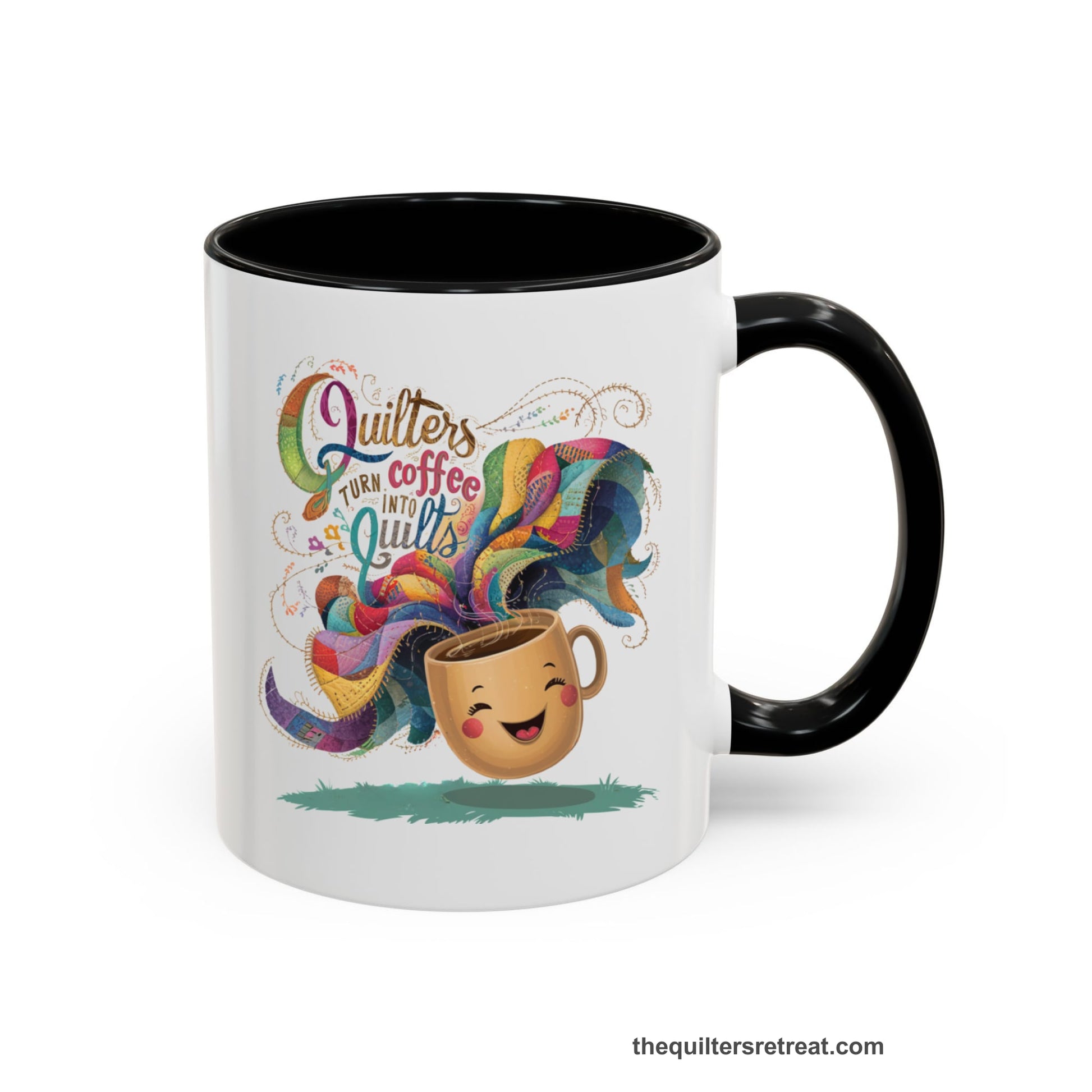 A Black Self-Fulfilled Accent Mug with a quirky "Quilters Turn Coffee into Quilts" text with vibrant swirling patterns