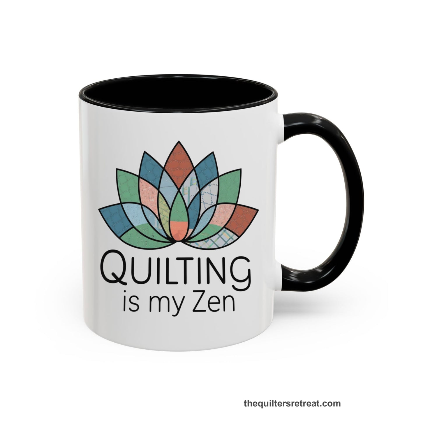 A Black Accent Ceramic Mug featuring Quilting is my Zen design with a lotus flower made of quilt patterns and textures