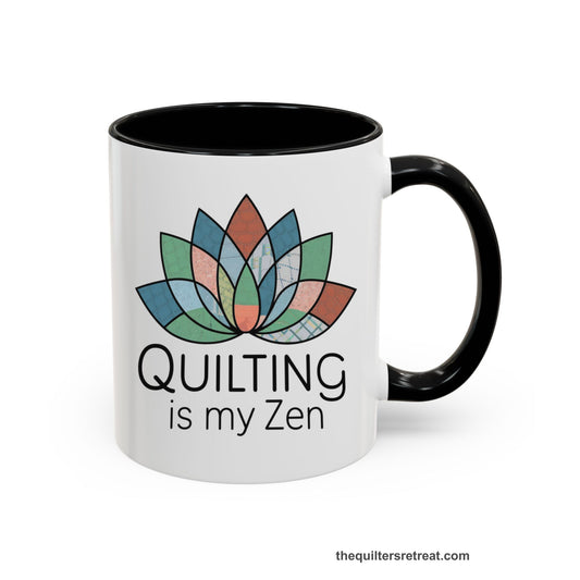A Black Accent Ceramic Mug featuring Quilting is my Zen design with a lotus flower made of quilt patterns and textures