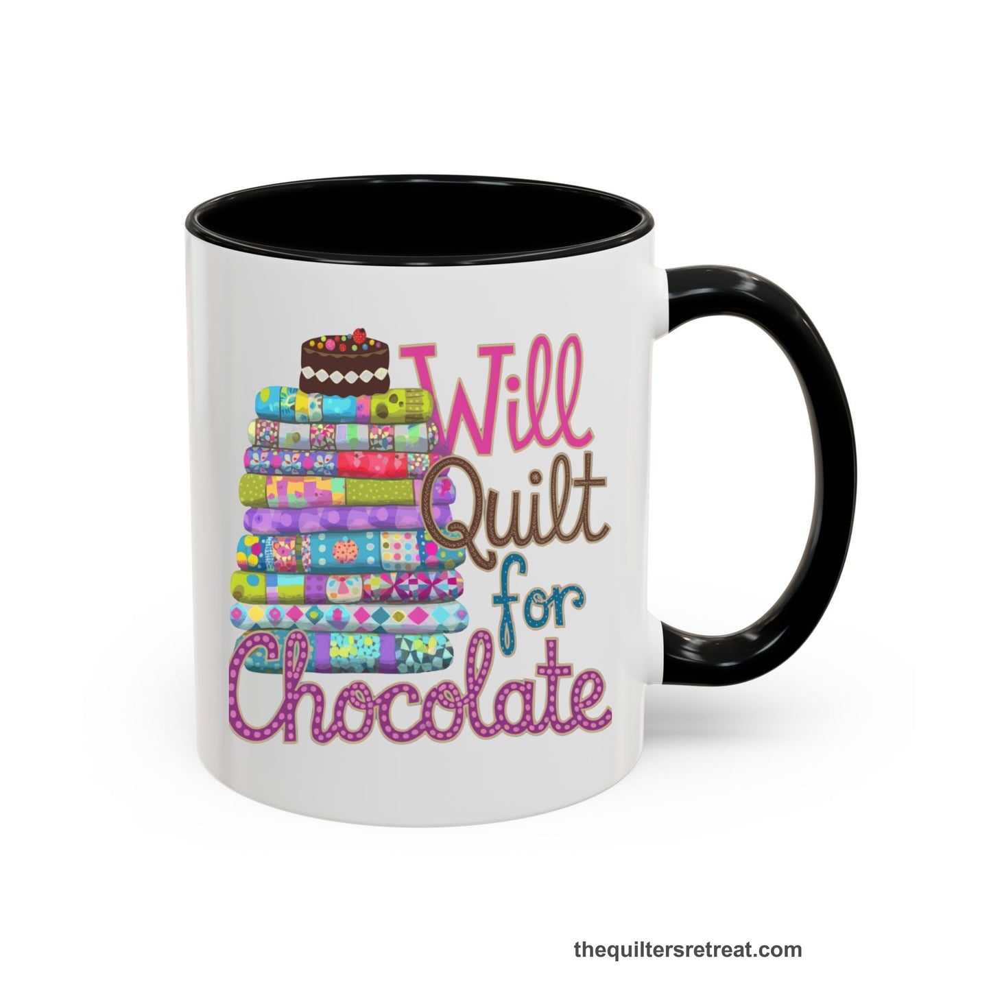 A Black Accent Ceramic Mug featuring Will Quilt for Chocolate design with colorful folded quilts and chocolate cake