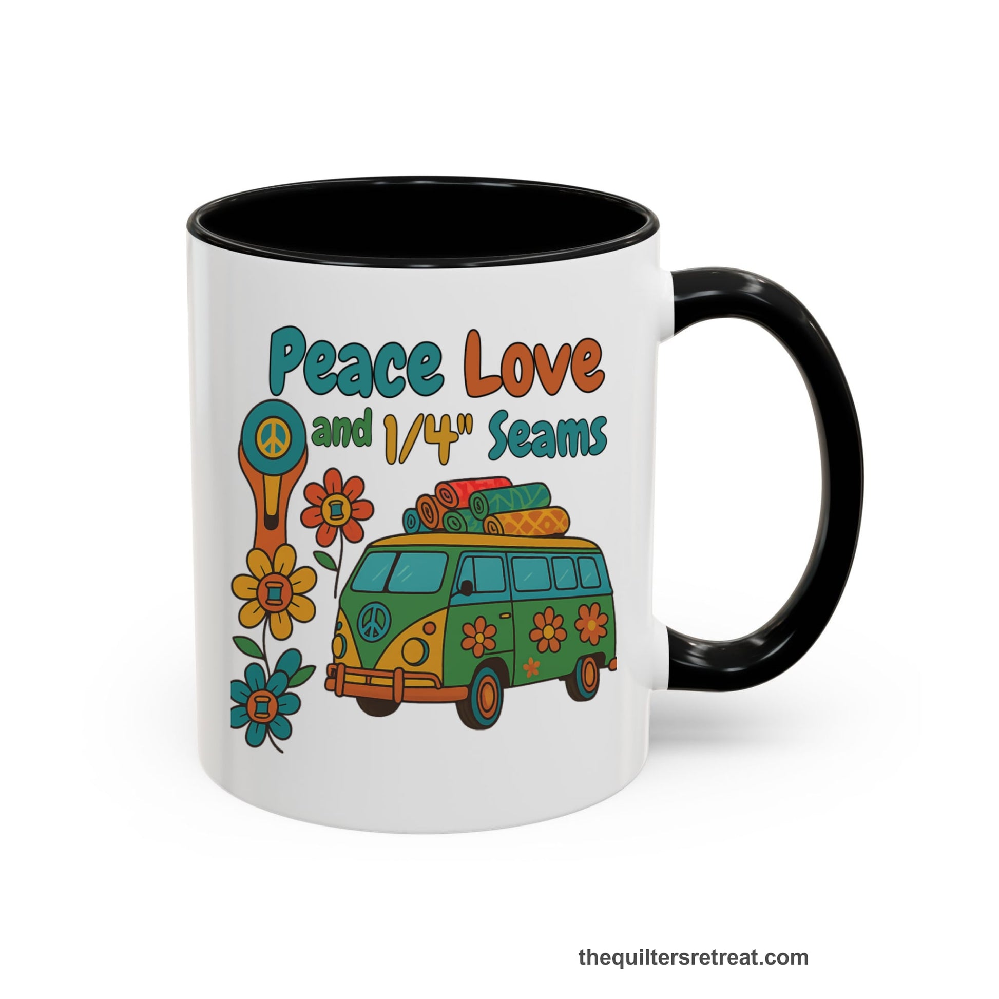 A Black Accent Ceramic Mug featuring Peace Love and 1/4 Seams design with a retro van and colorful quilts