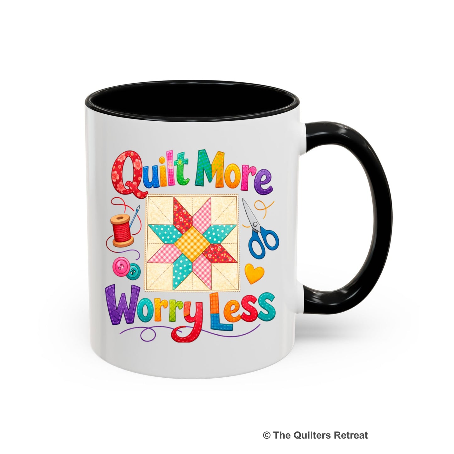 A Black Self-Fulfilled Ceramic Accent Mug with a Colorful patchwork star and sewing tools, cheerful "Quilt More Worry Less" text.